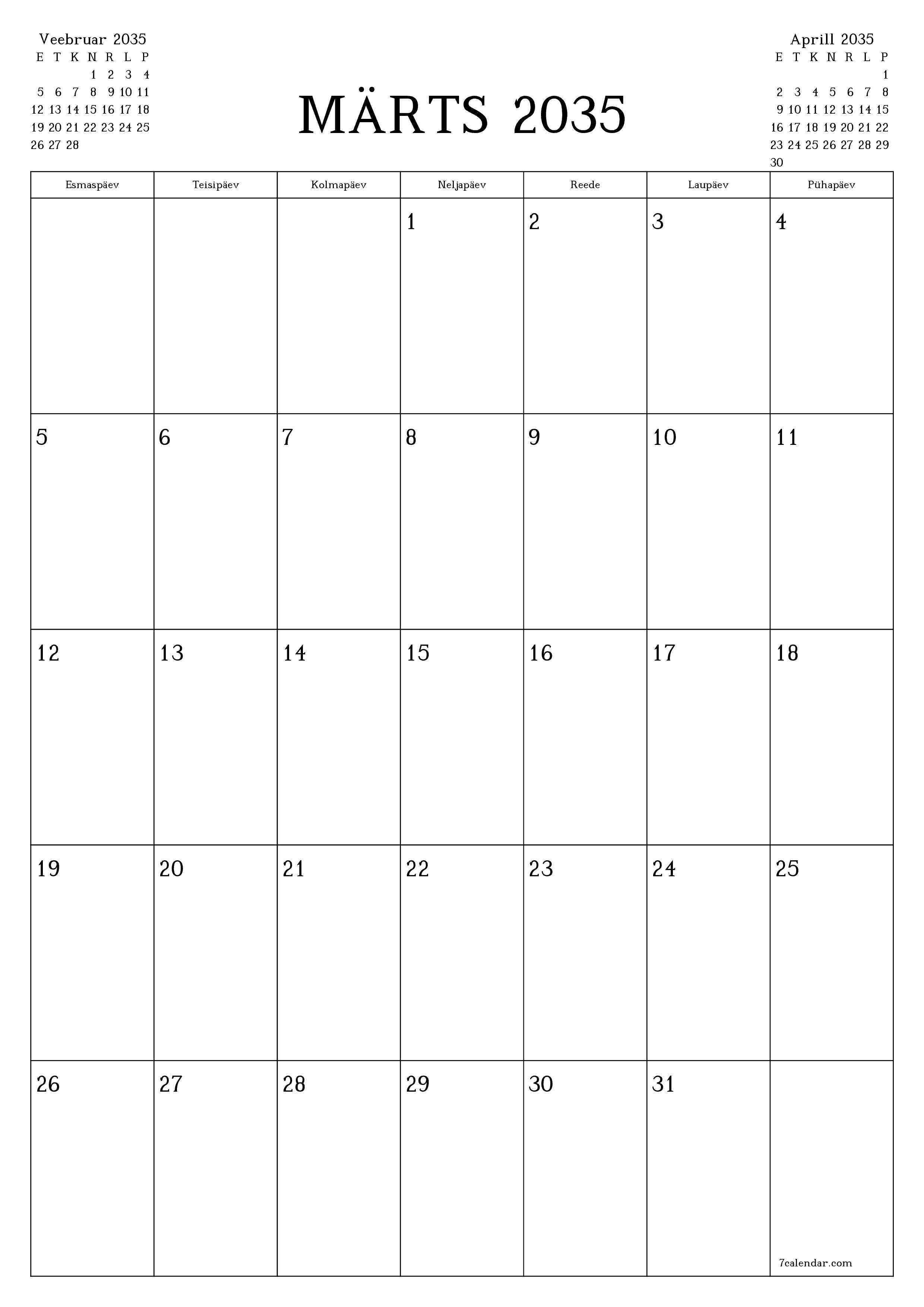 prinditav seina kalendri mall tasuta vertikaalne Igakuine planeerija kalender Märts (Märts) 2035