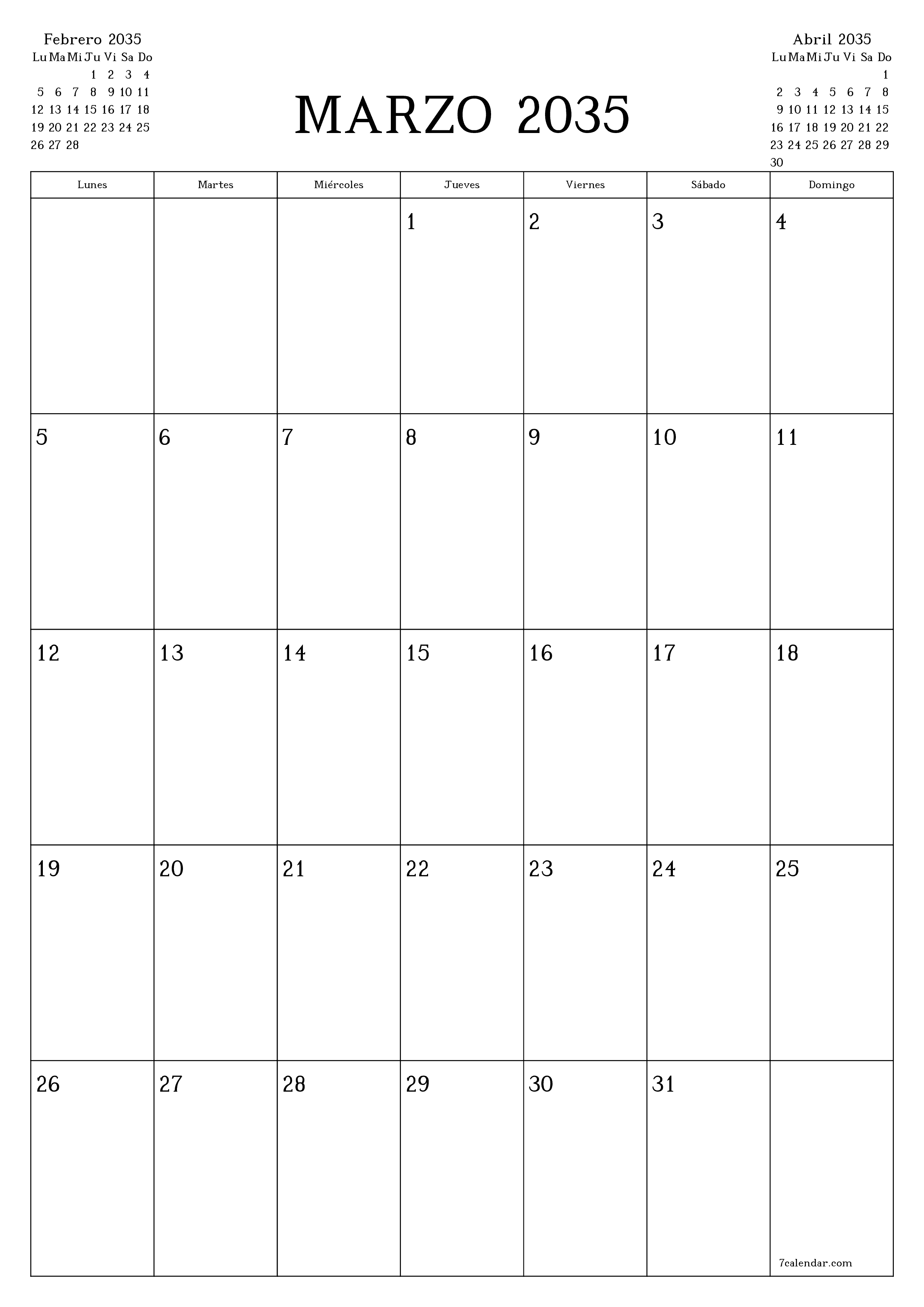  imprimible de pared plantilla de gratisvertical Mensual planificador calendario Marzo (Mar) 2035