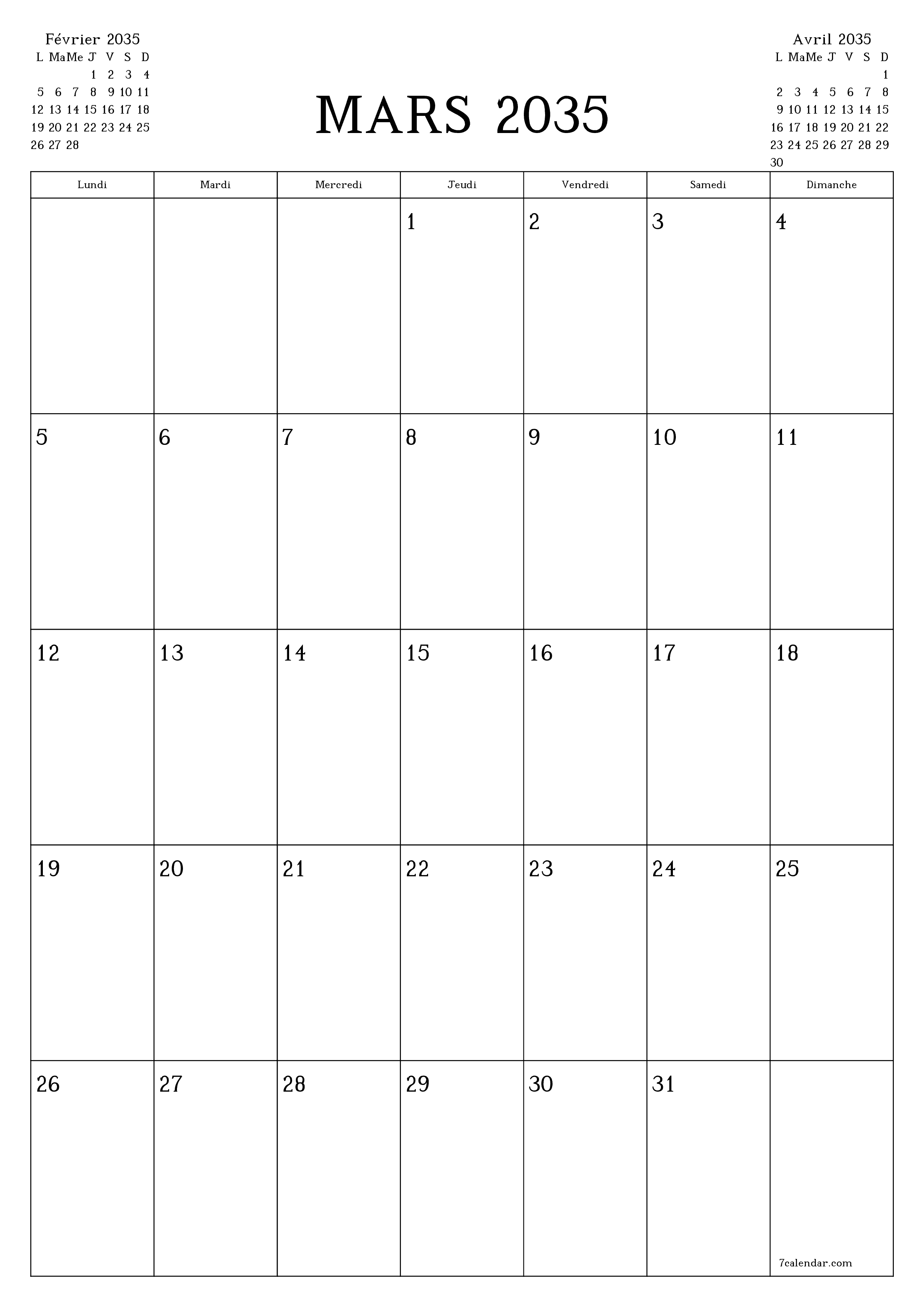  imprimable mural modèle de gratuitverticale Mensuel planificateur calendrier Mars (Mar) 2035