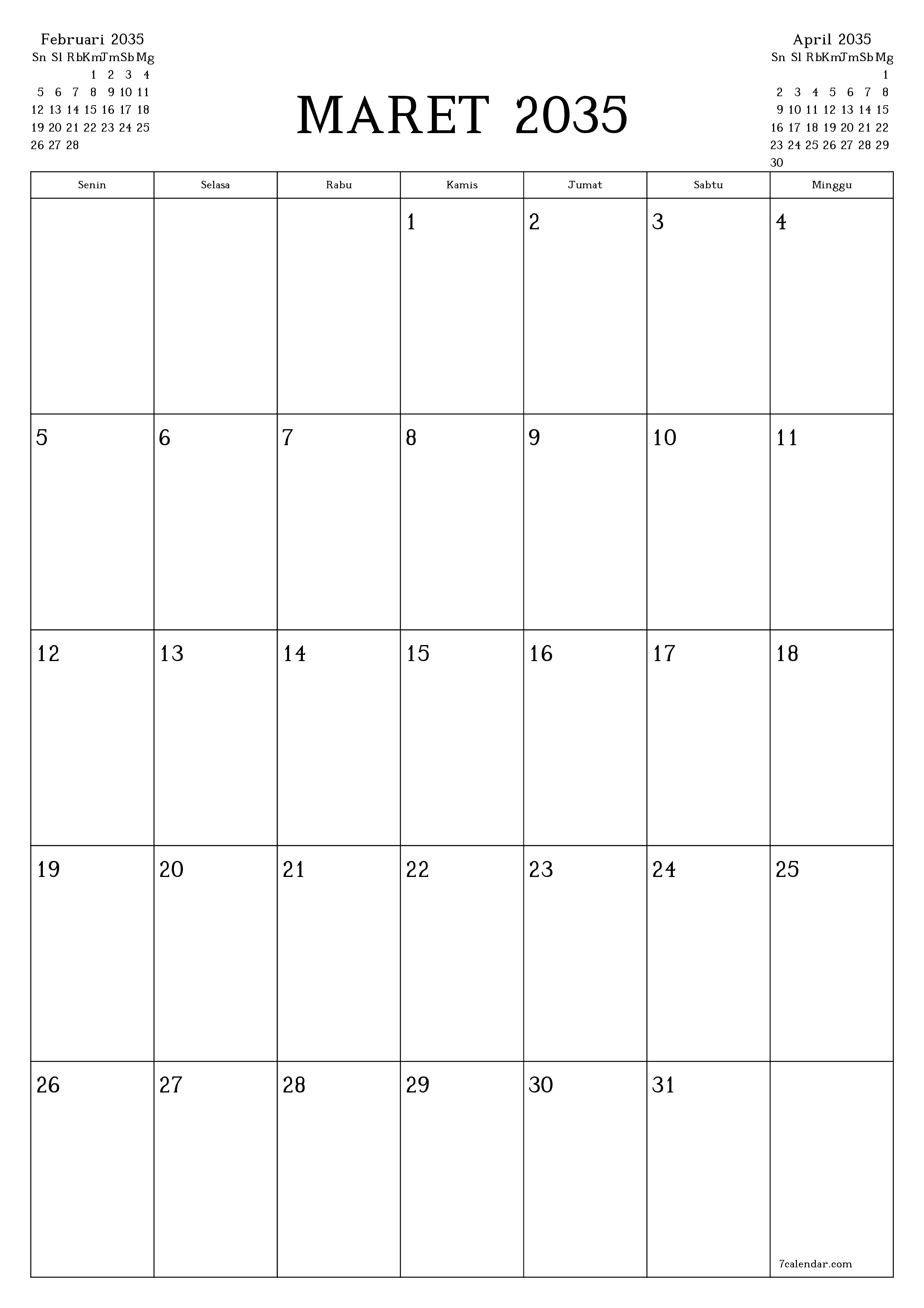  yang dapat dicetak dinding templat gratisvertikal Bulanan perencana kalender Maret (Mar) 2035