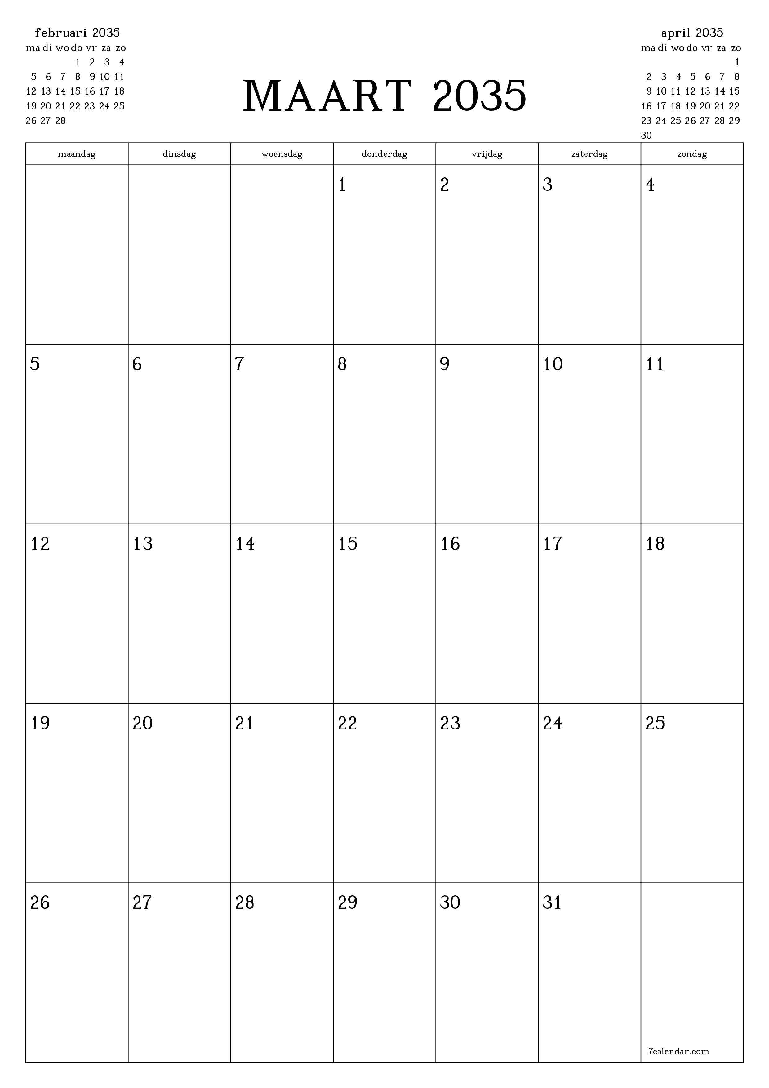 afdrukbare muur sjabloon gratis verticaal Maandelijks planner kalender maart (mrt) 2035