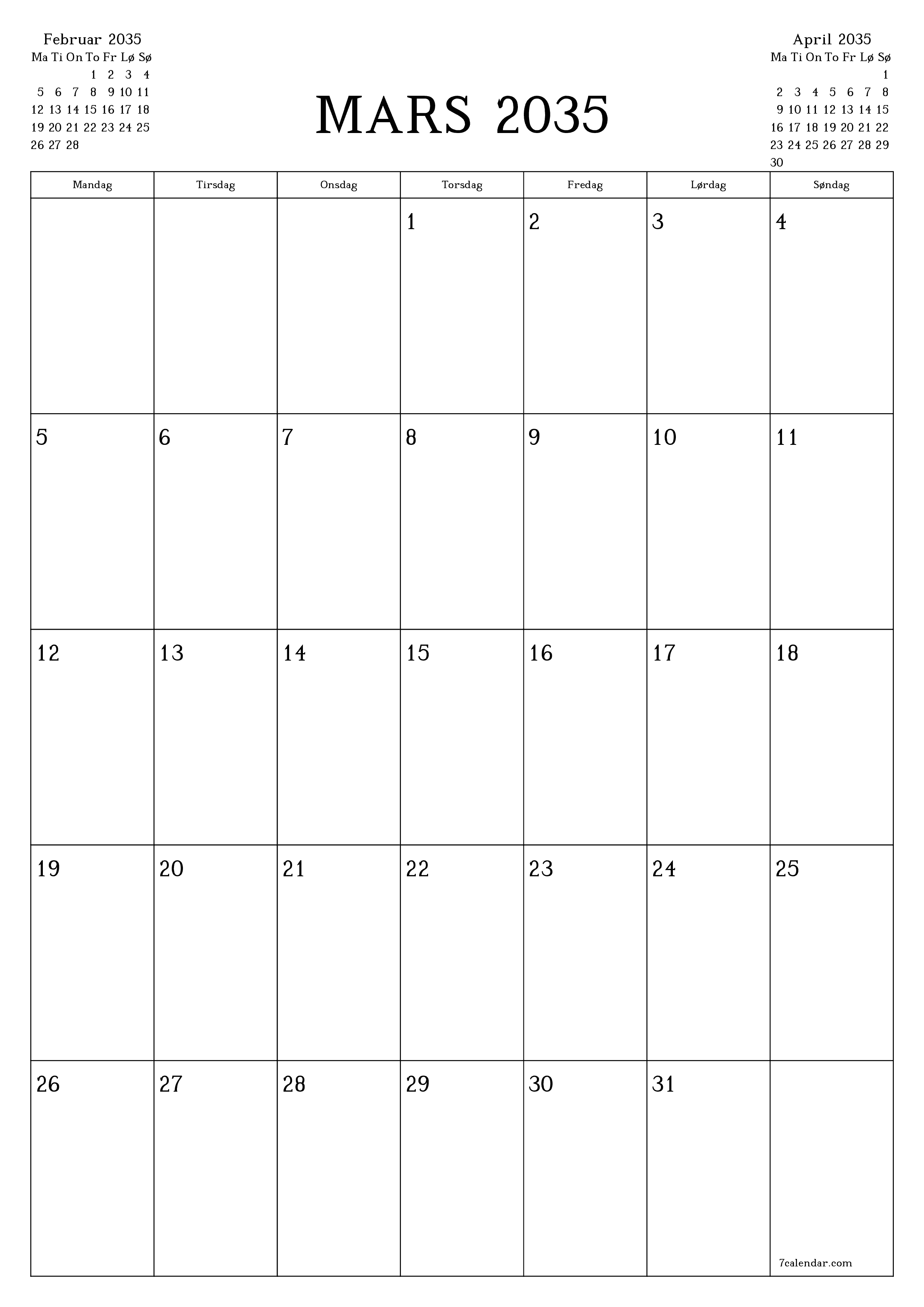 utskrivbar vegg mal gratis vertikal Månedlig planlegger kalender Mars (Mar) 2035