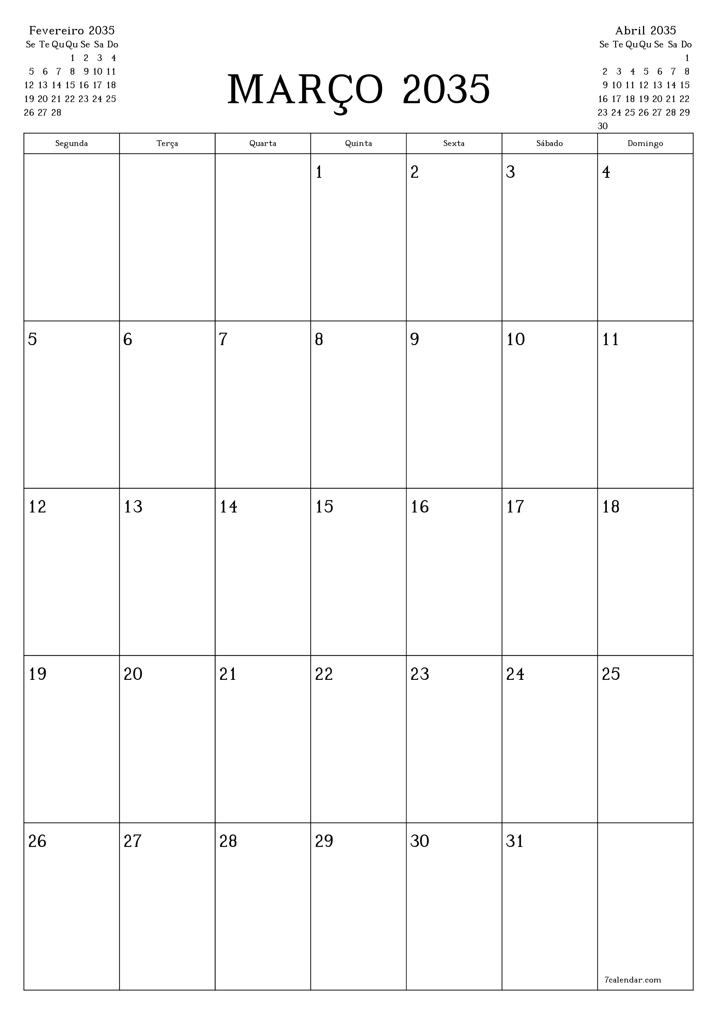  para impressão de parede modelo de grátisvertical Mensal planejador calendário Março (Mar) 2035