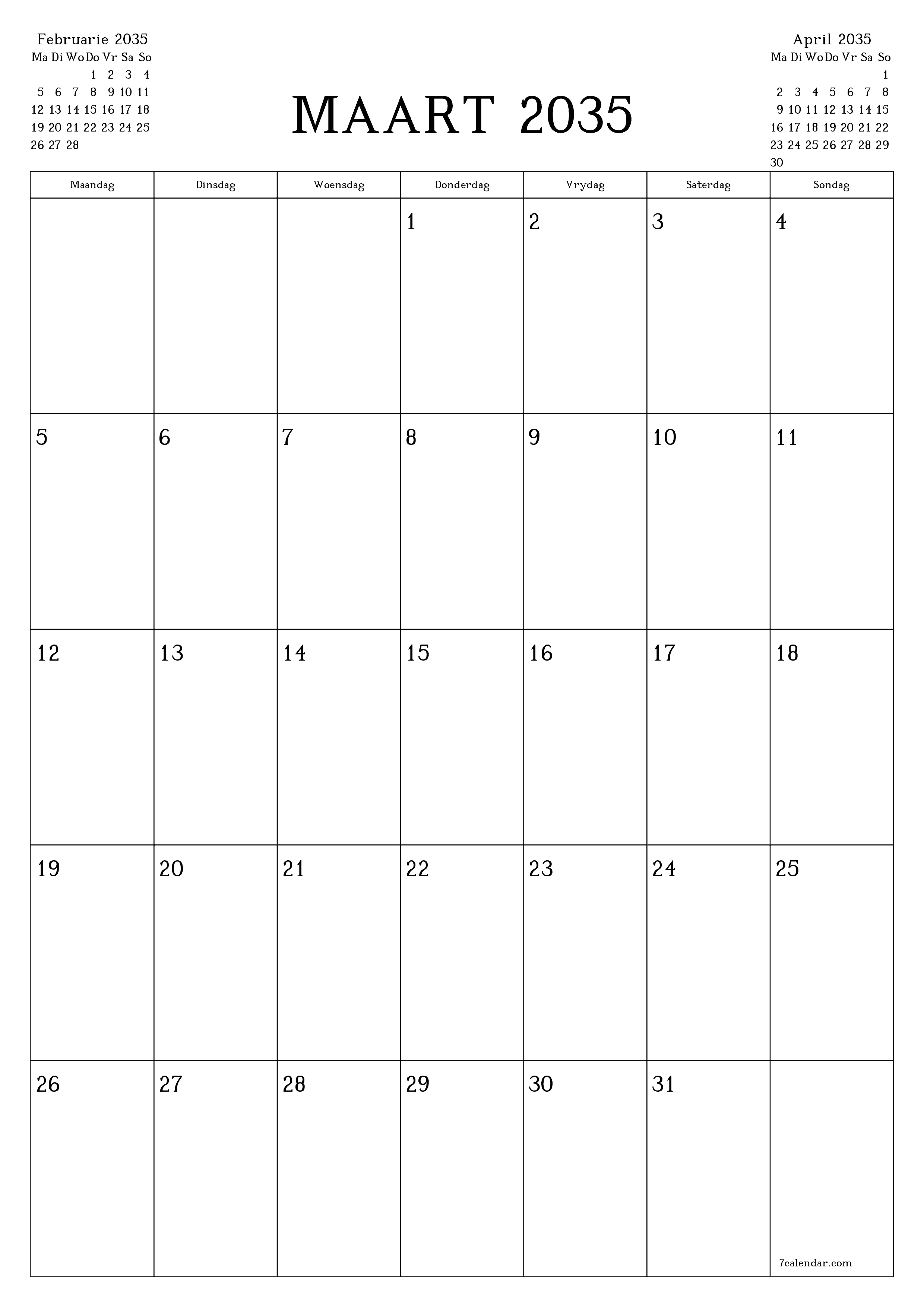 drukbare muur template gratis vertikaal Maandeliks beplanner kalender Maart (Mar) 2035
