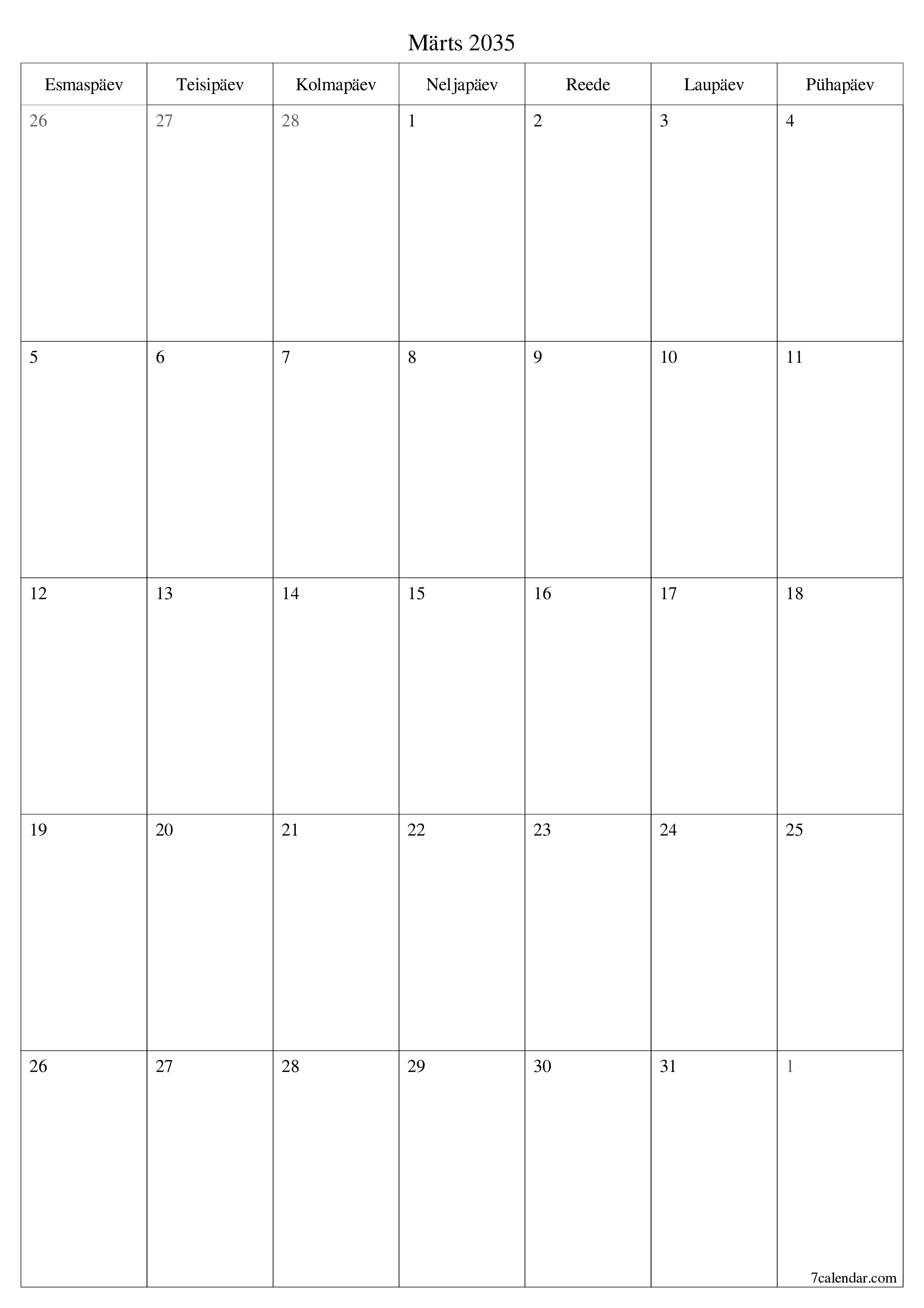 prinditav seina kalendri mall tasuta vertikaalne Igakuine planeerija kalender Märts (Märts) 2035