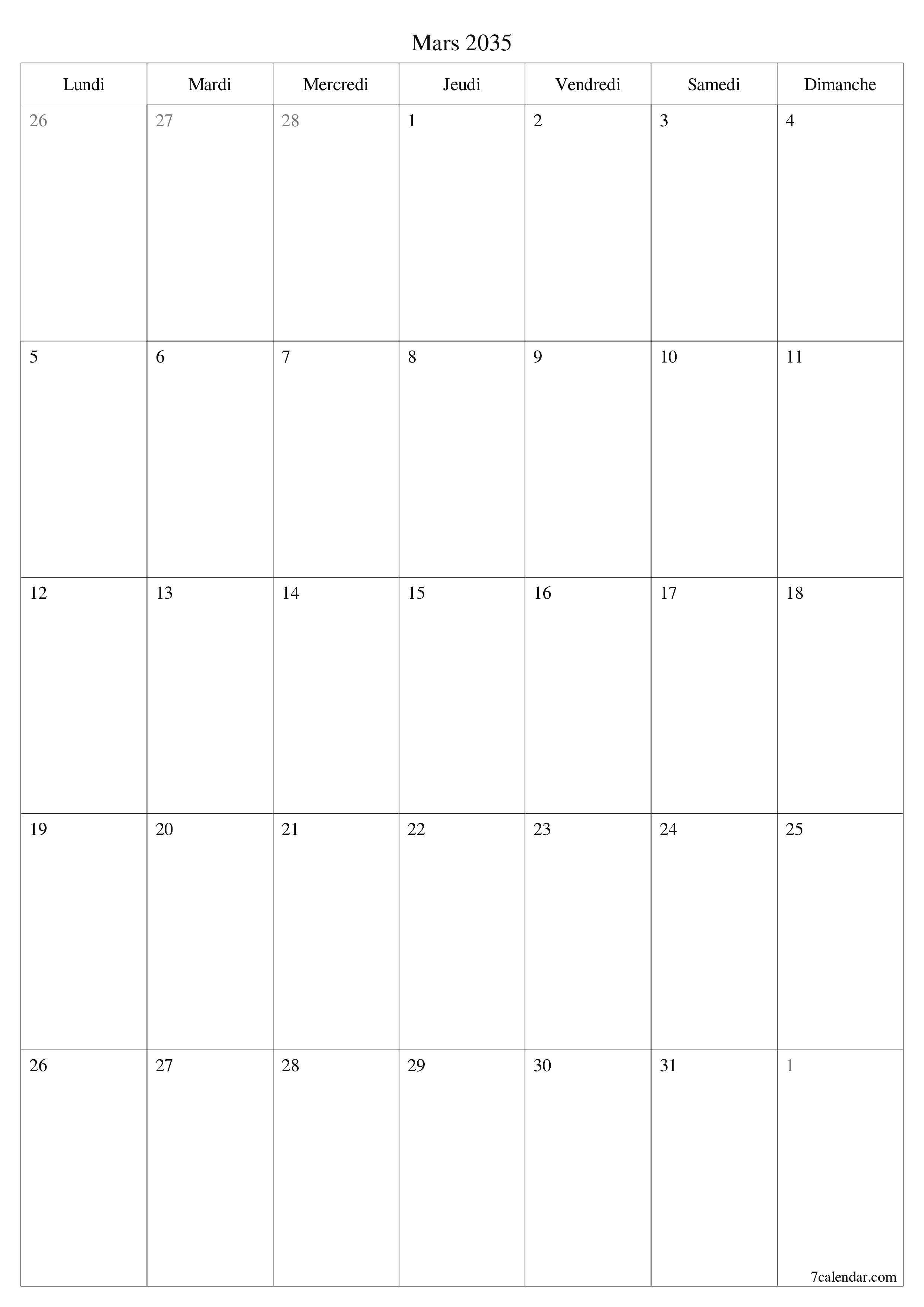  imprimable mural modèle de gratuitverticale Mensuel planificateur calendrier Mars (Mar) 2035