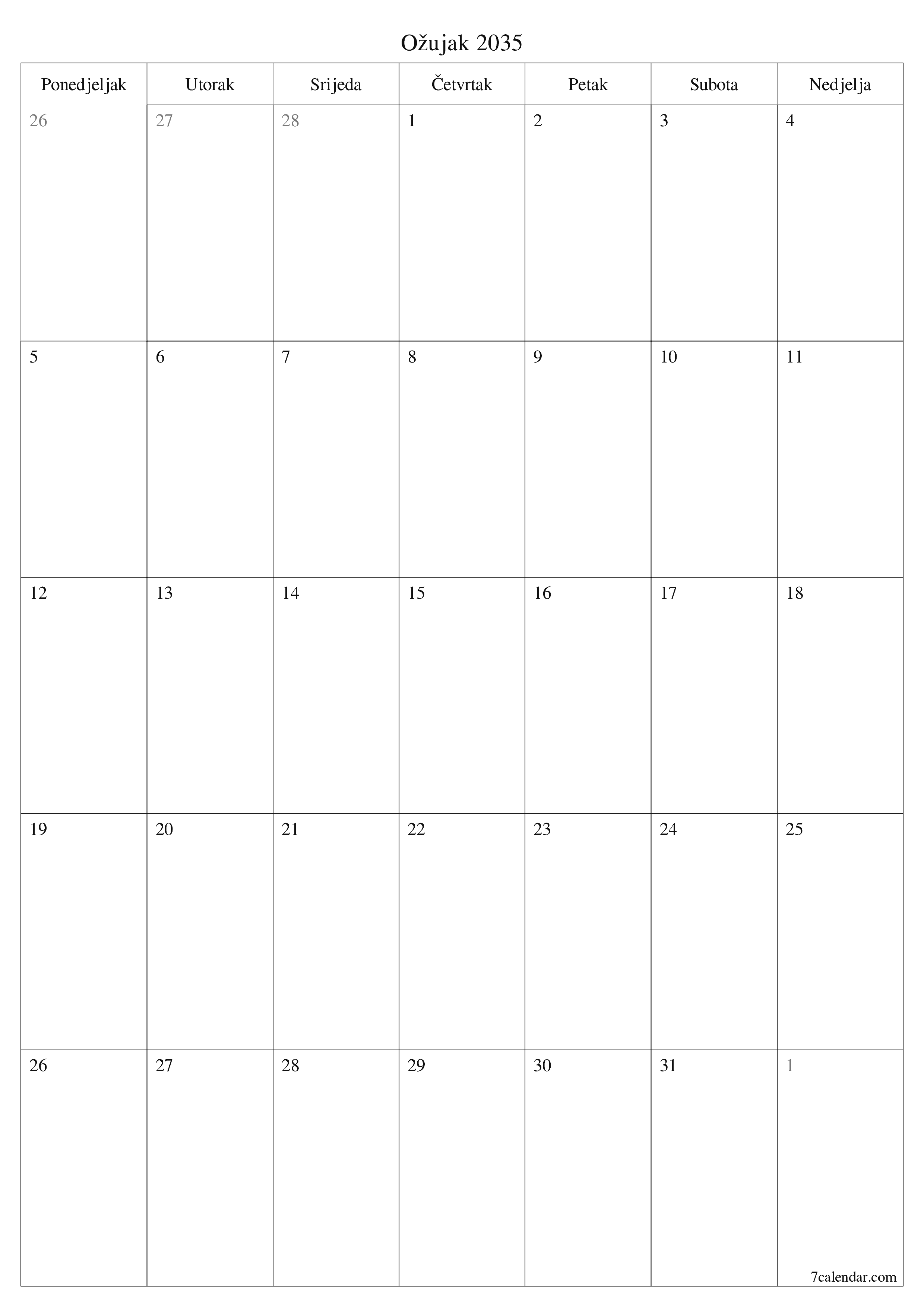  za ispis zidni predložak a besplatni okomito Mjesečni planer kalendar Ožujak (Ožu) 2035