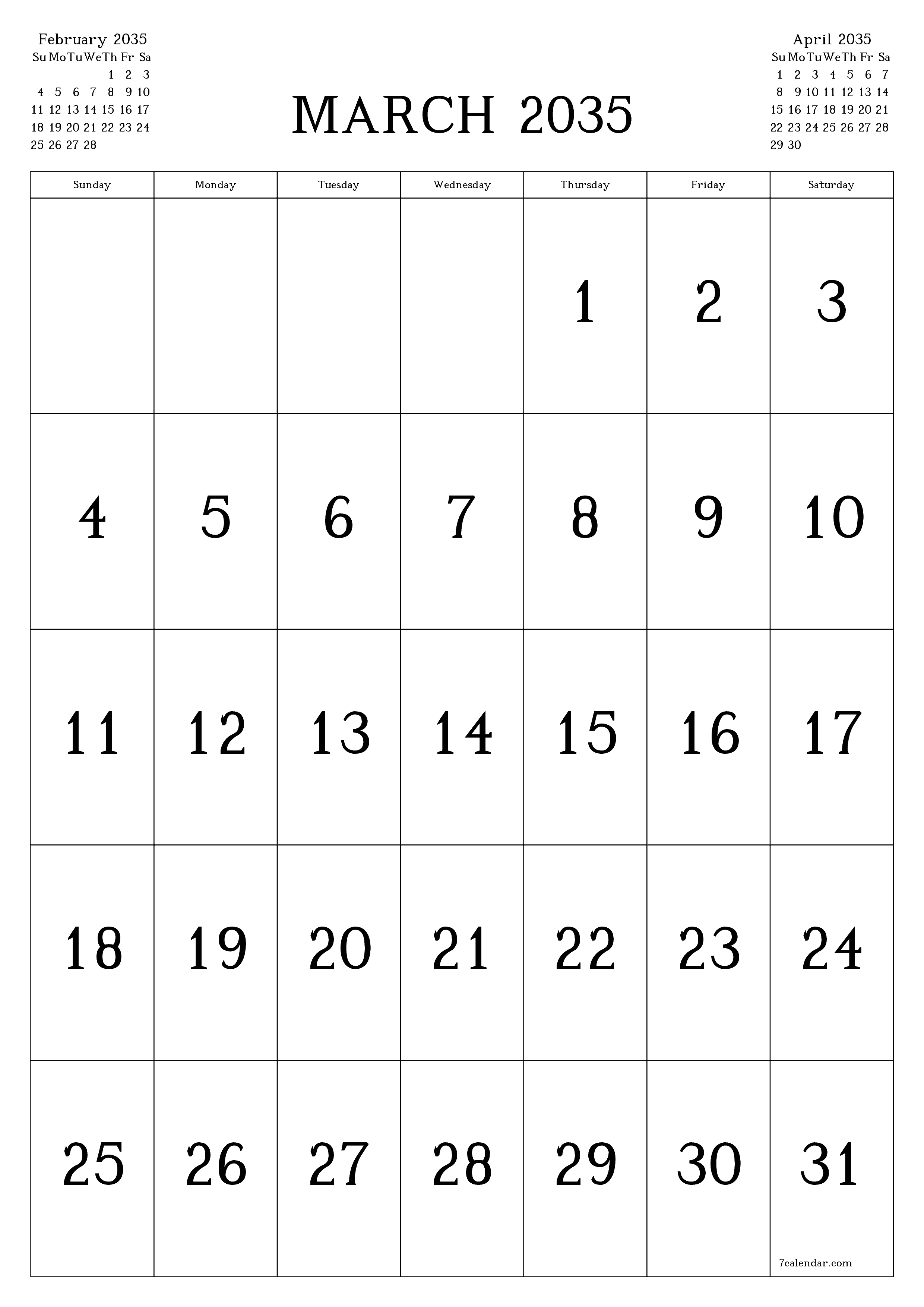 Blank calendar March 2035