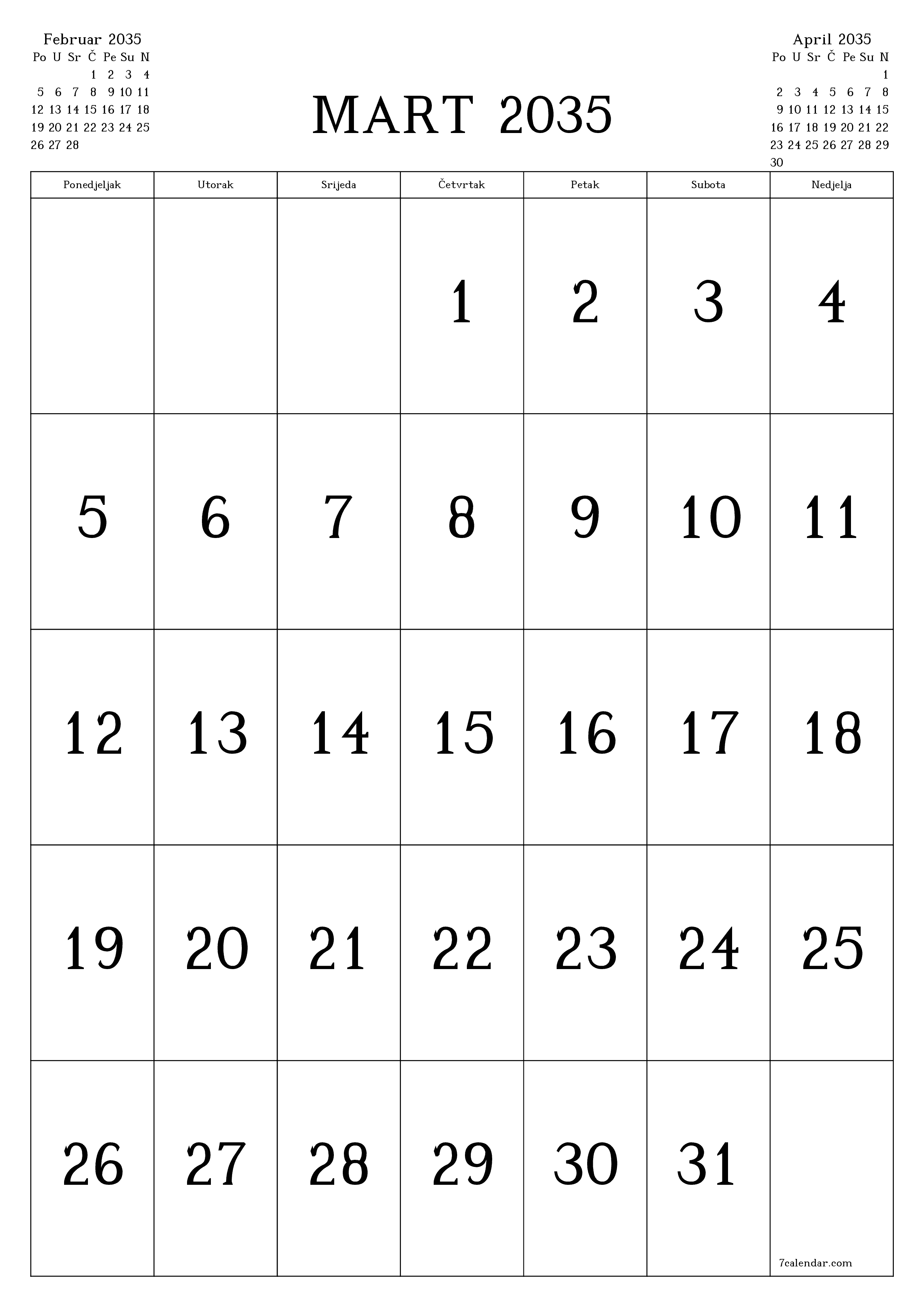  za štampanje zidni šablon a besplatni vertikalno Mjesečno kalendar Mart (Mar) 2035