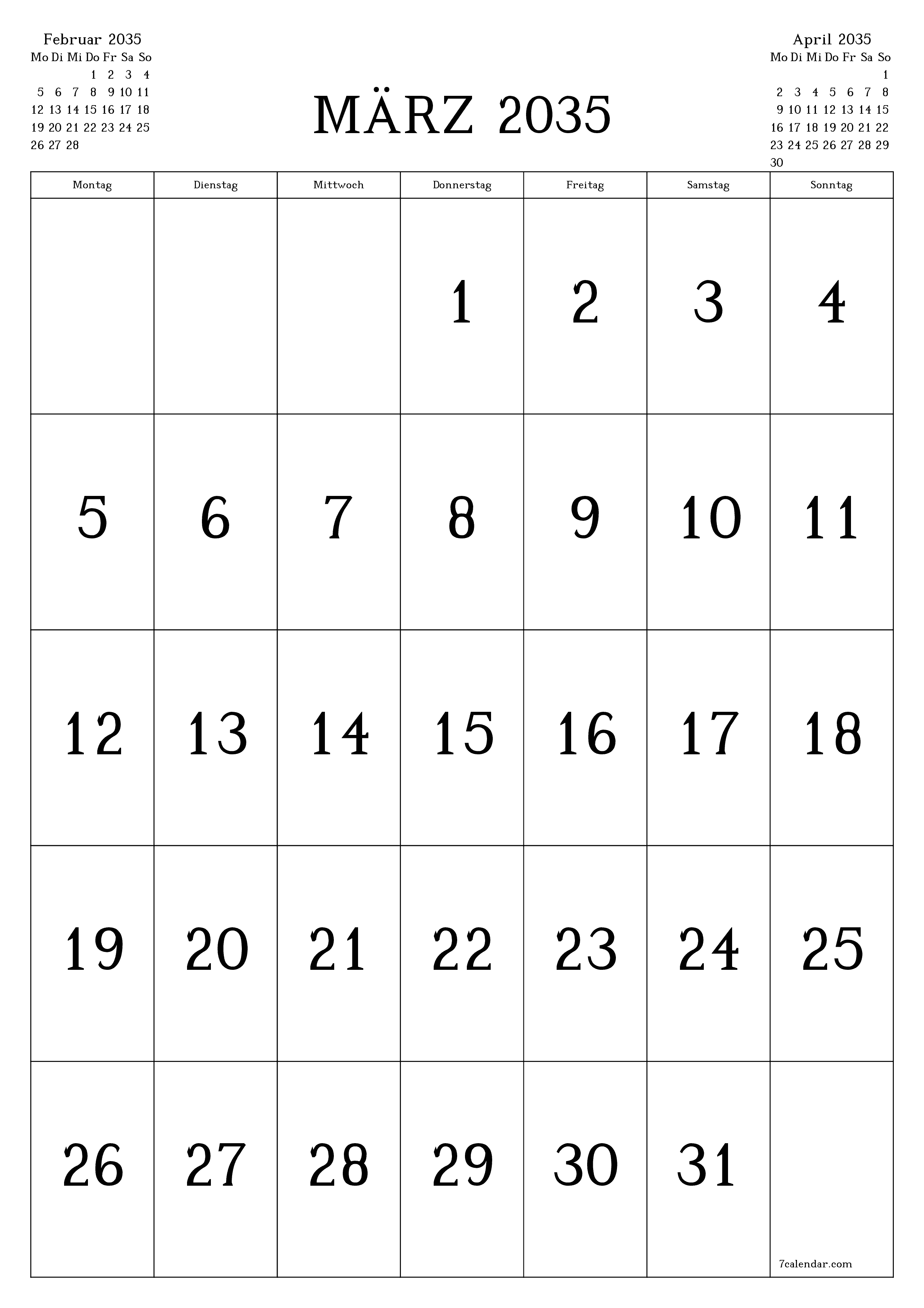  zum Ausdrucken Wandkalender vorlage kostenloser vertikal Monatlich Kalender März (Mär) 2035