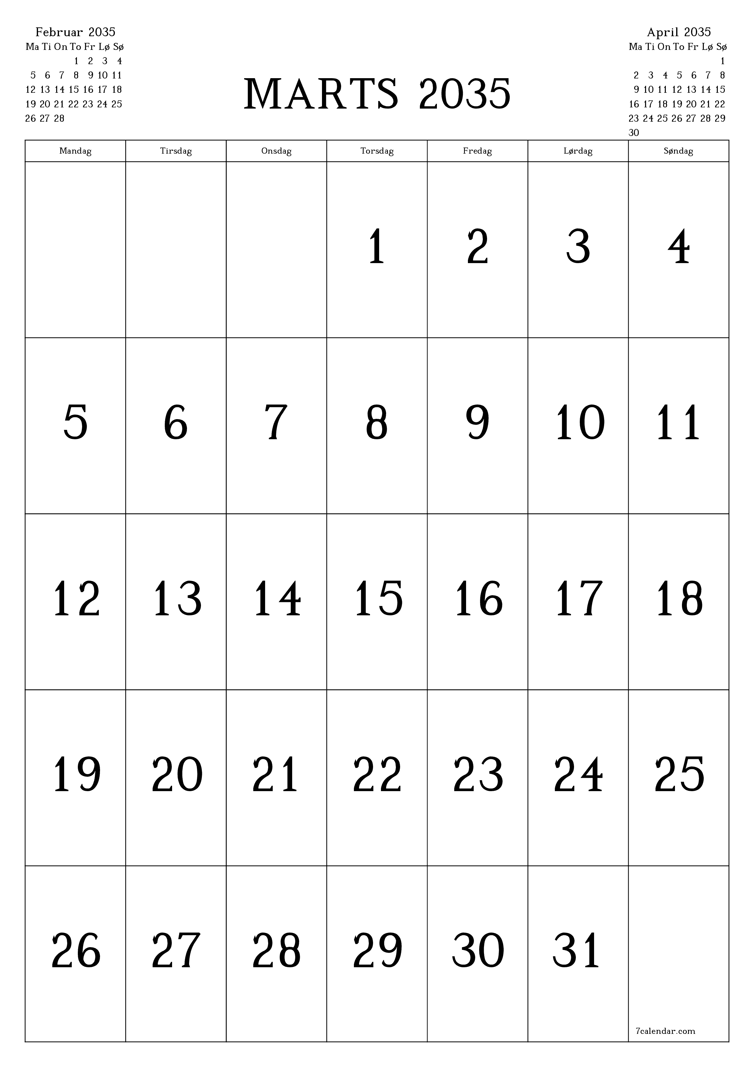 udskrivbar væg skabelon gratis lodret Månedlig kalender Marts (Mar) 2035