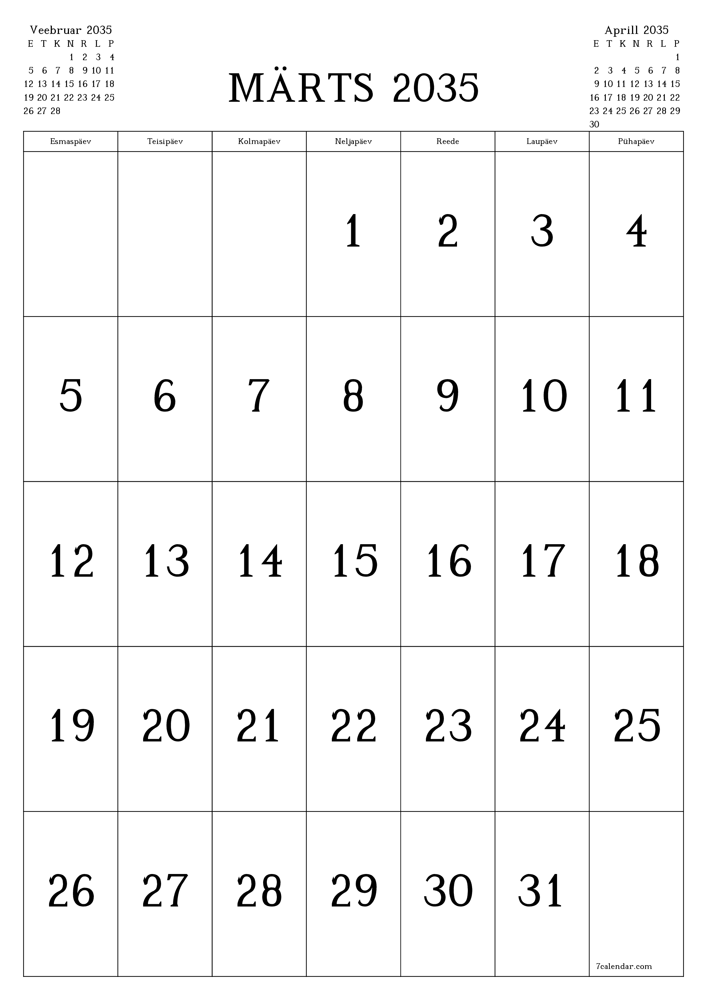 prinditav seina kalendri mall tasuta vertikaalne Igakuine kalender Märts (Märts) 2035