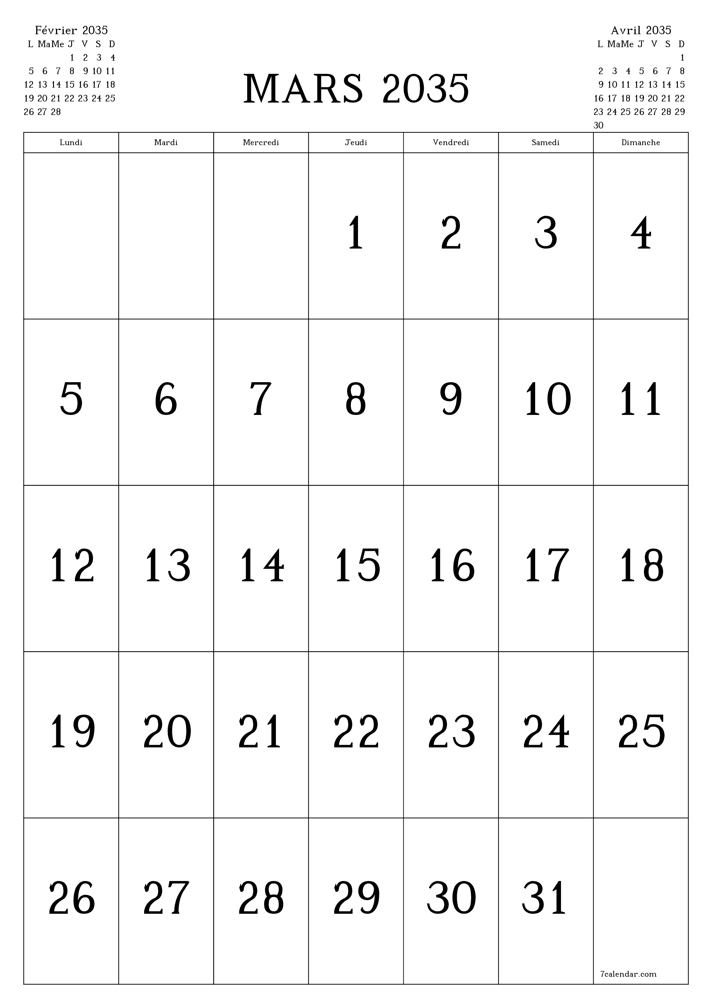  imprimable mural modèle de gratuitverticale Mensuel calendrier Mars (Mar) 2035