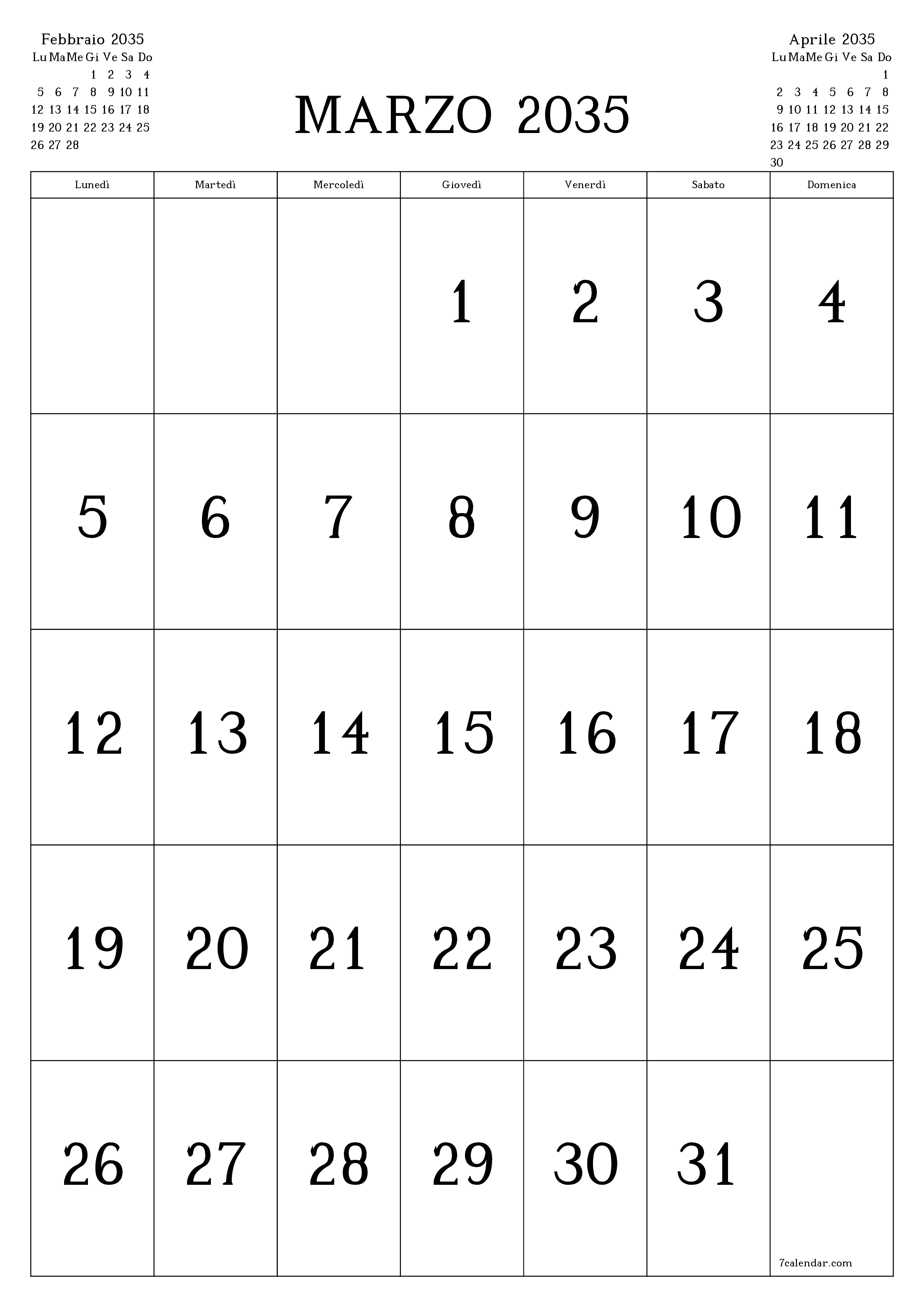  stampabile da parete modello di gratuitoverticale Mensile calendario Marzo (Mar) 2035