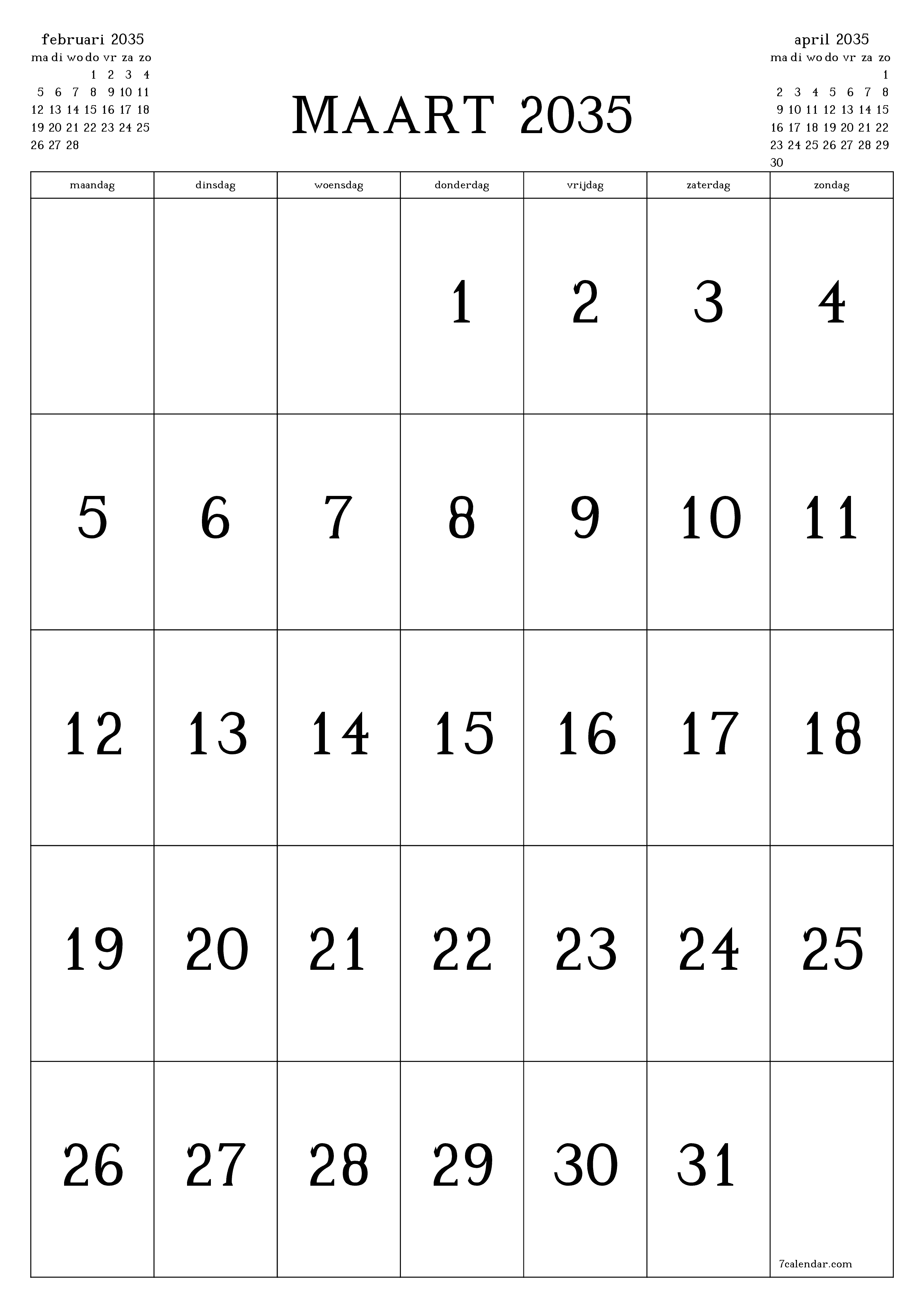 afdrukbare muur sjabloon gratis verticaal Maandelijks kalender maart (mrt) 2035