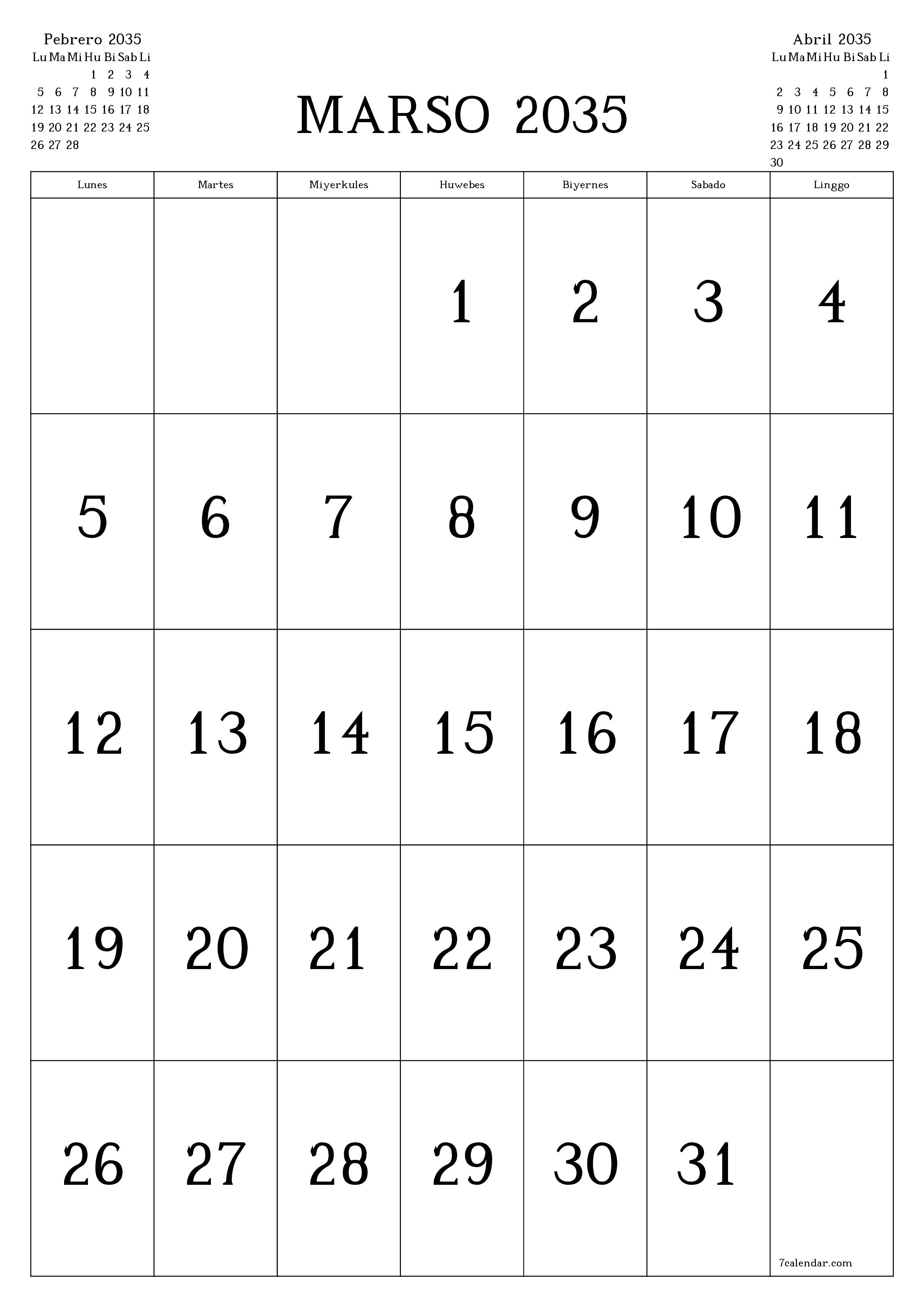 napi-print na sa dingding template ng libreng patayo Buwanang kalendaryo Marso (Mar) 2035