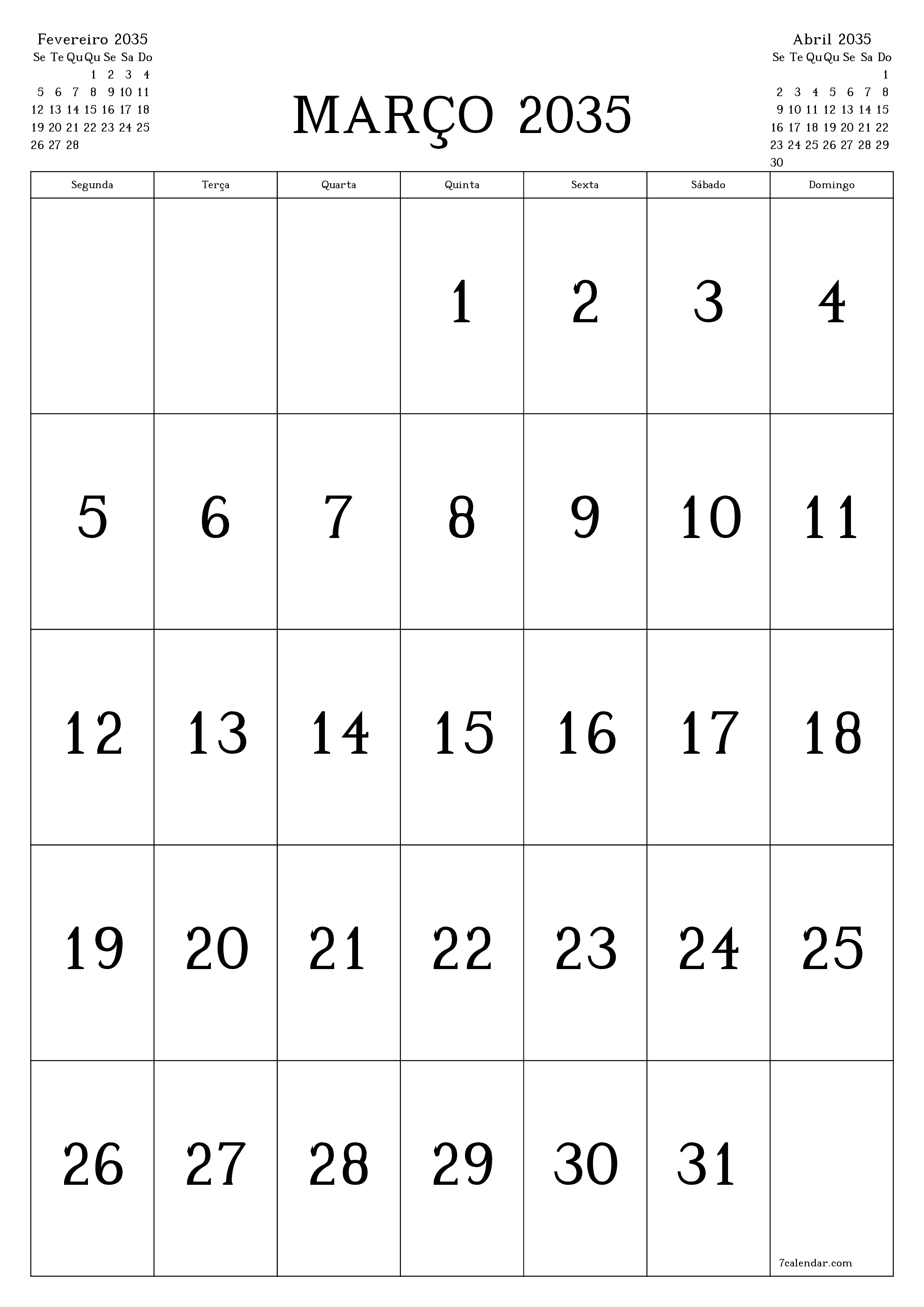  para impressão de parede modelo de grátisvertical Mensal calendário Março (Mar) 2035