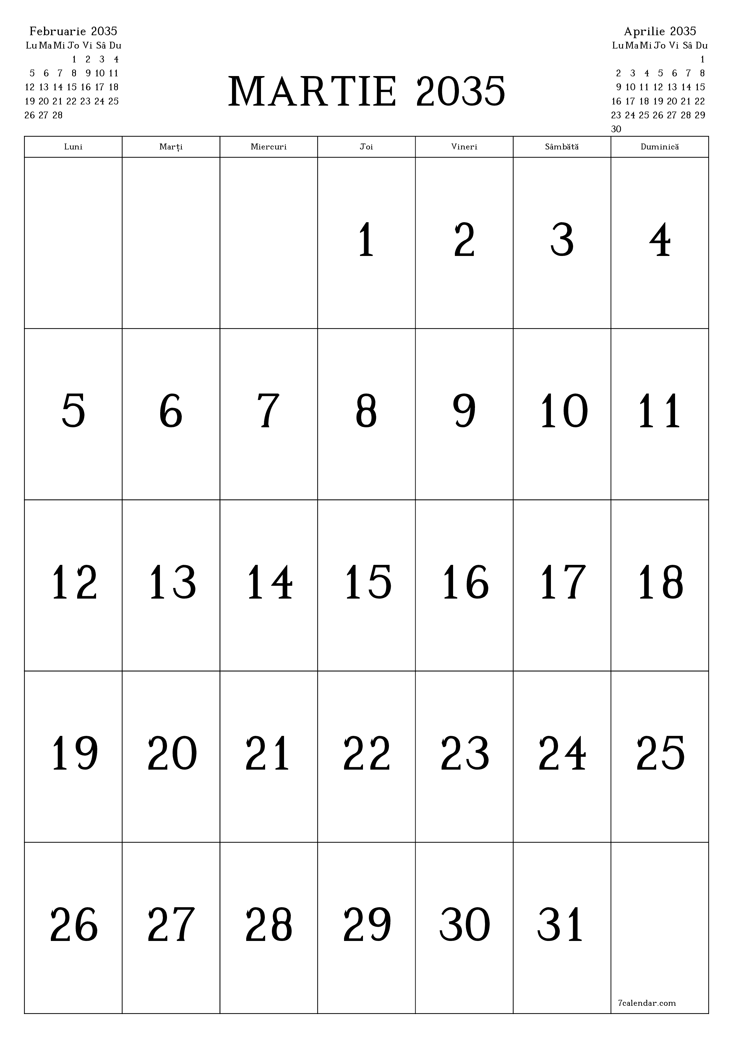  imprimabil de perete șablon de gratuitvertical Lunar calendar Martie (Mar) 2035
