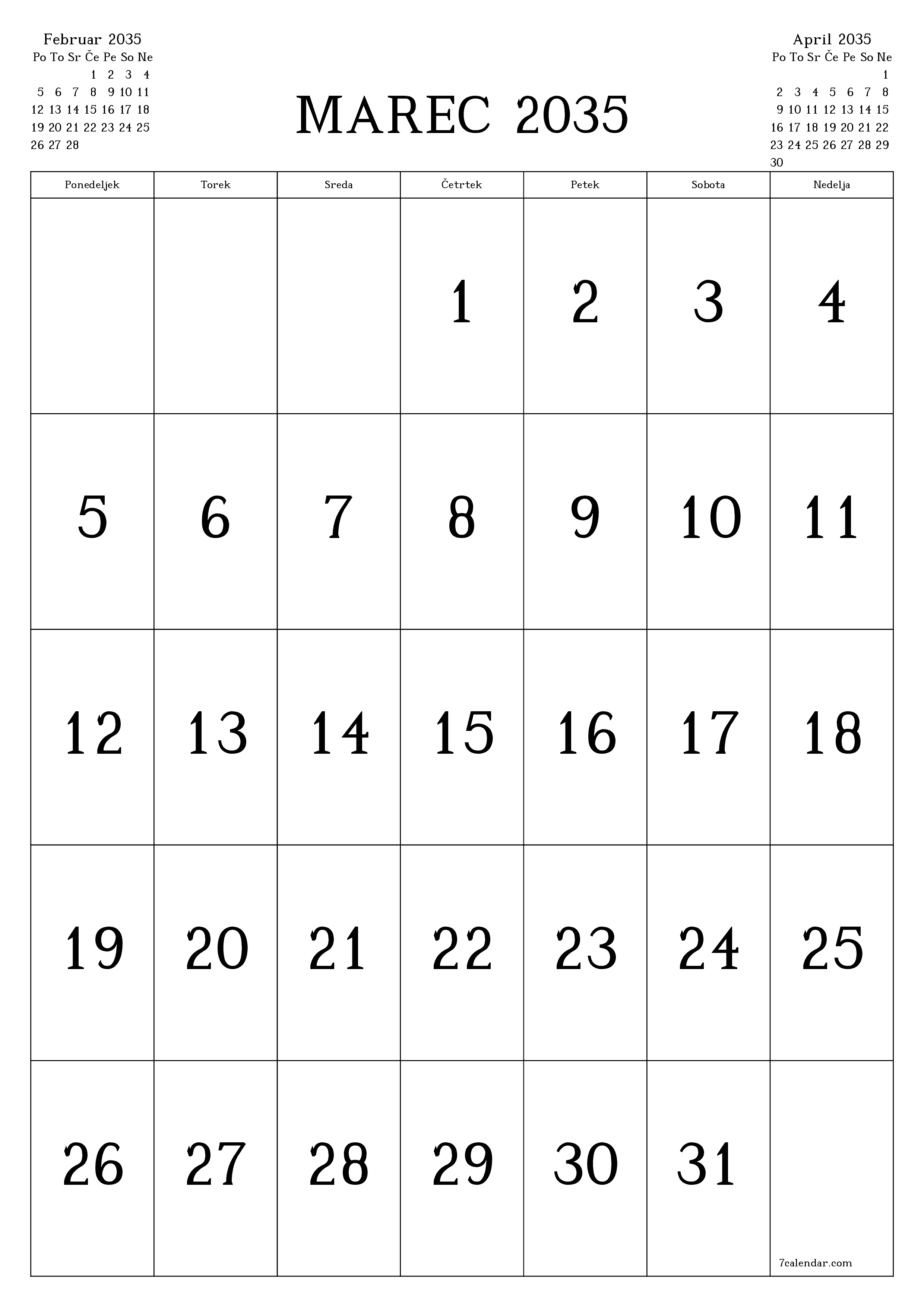 natisljiv stenski ska predloga brezplačni vertical Mesečno koledar Marec (Mar) 2035