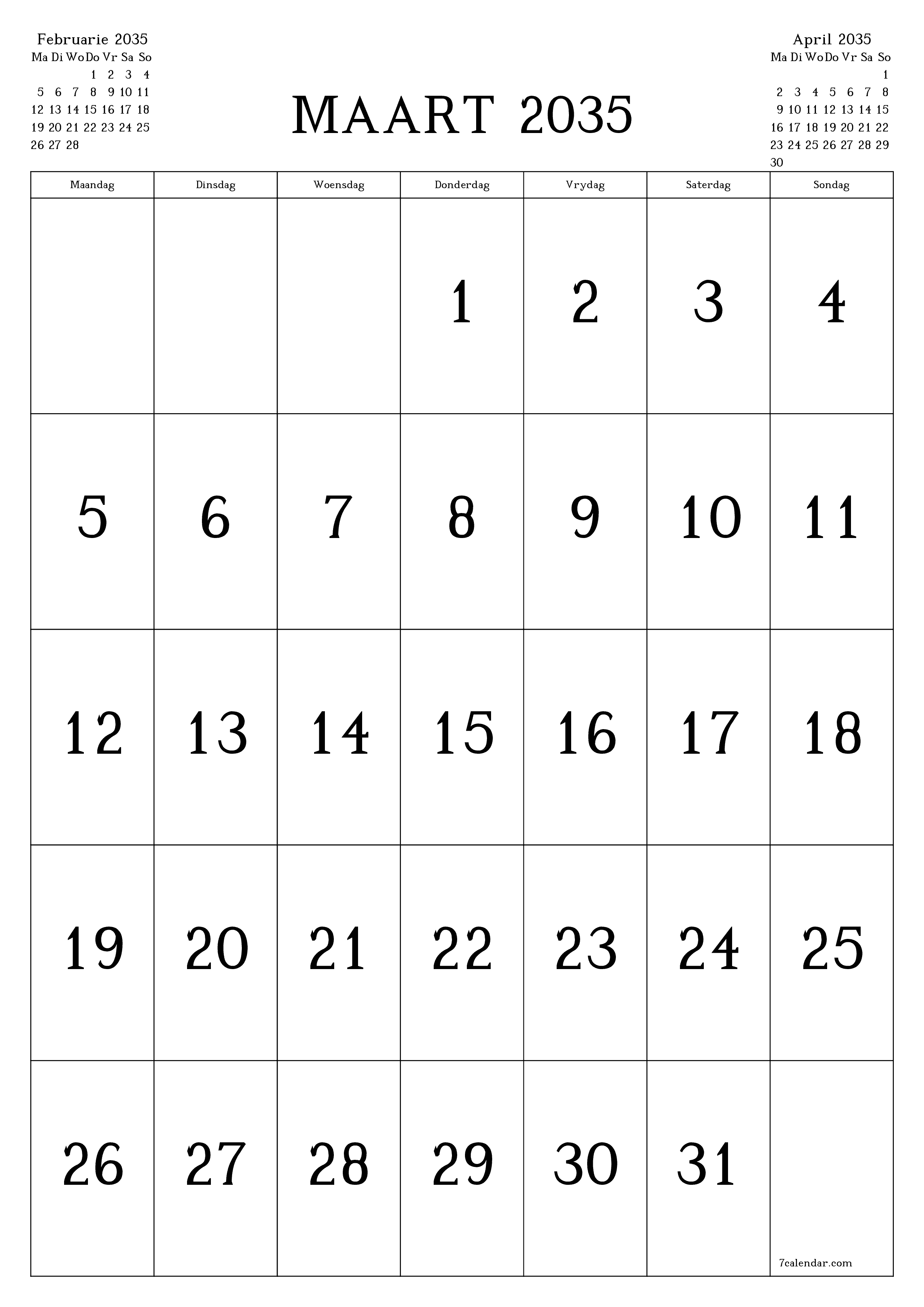drukbare muur template gratis vertikaal Maandeliks kalender Maart (Mar) 2035