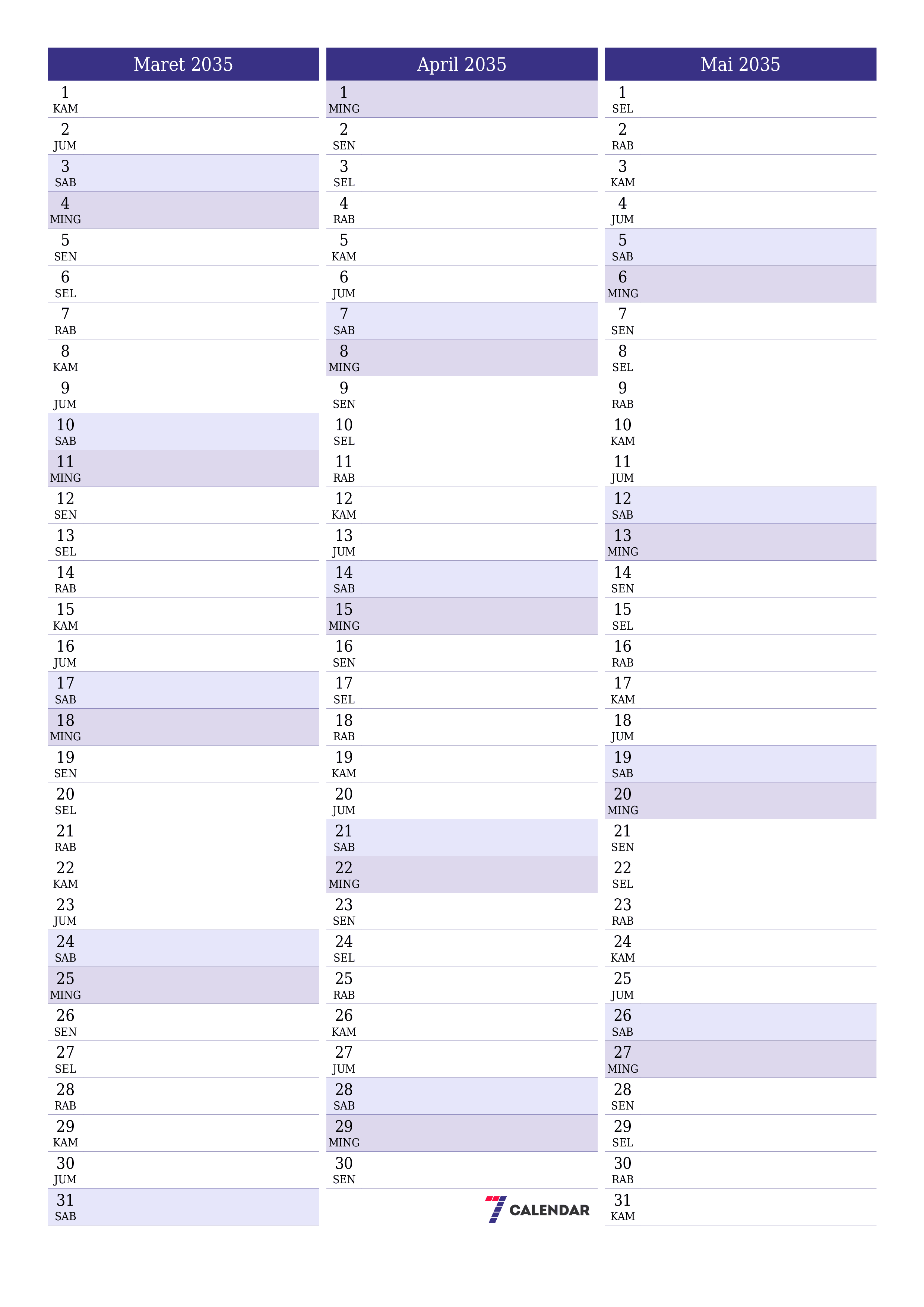  yang dapat dicetak dinding templat gratisvertikal Bulanan perencana kalender Maret (Mar) 2035