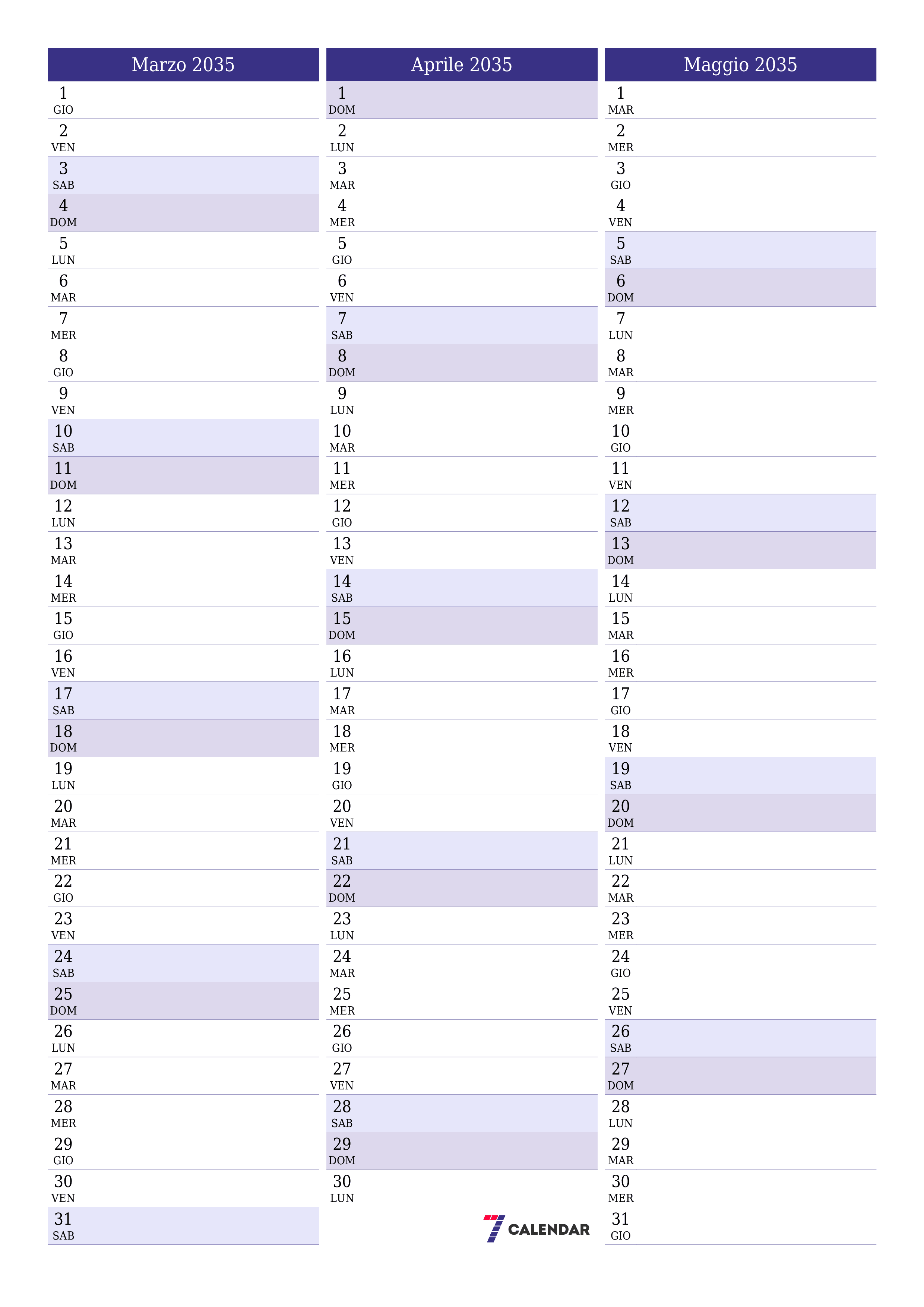 stampabile da parete modello di gratuitoverticale Mensile pianificatore calendario Marzo (Mar) 2035