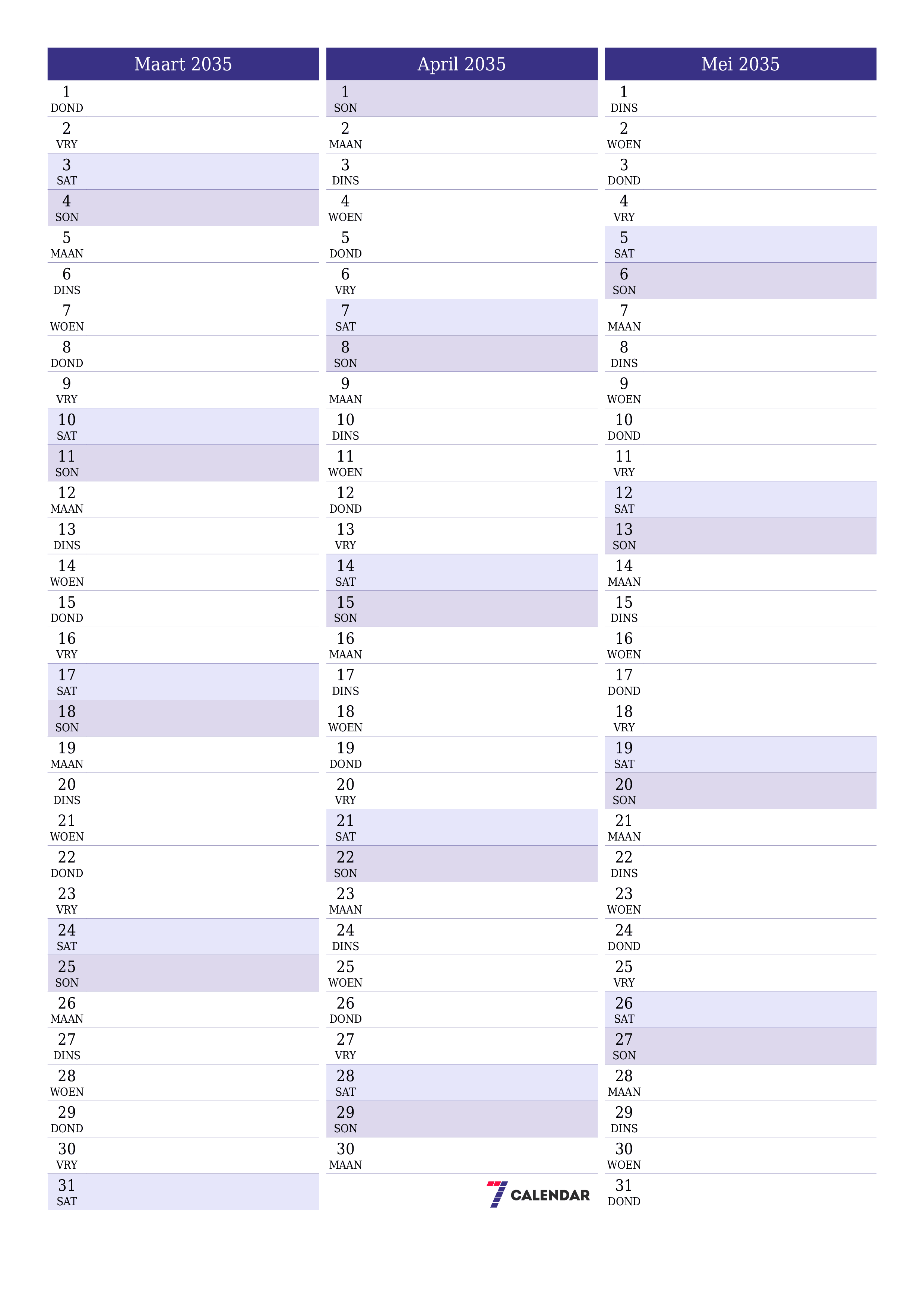 drukbare muur template gratis vertikaal Maandeliks beplanner kalender Maart (Mar) 2035