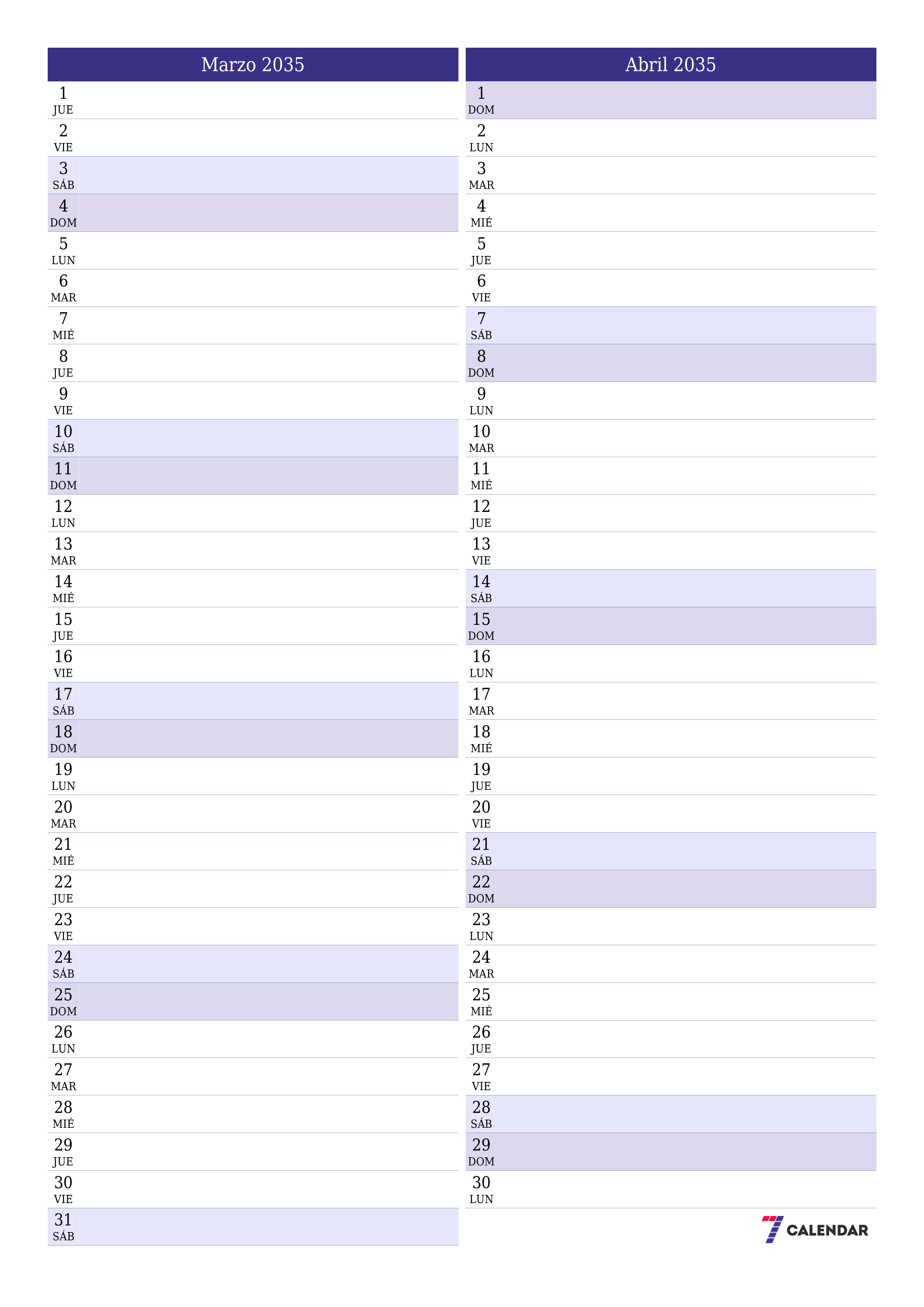  imprimible de pared plantilla de gratisvertical Mensual planificador calendario Marzo (Mar) 2035