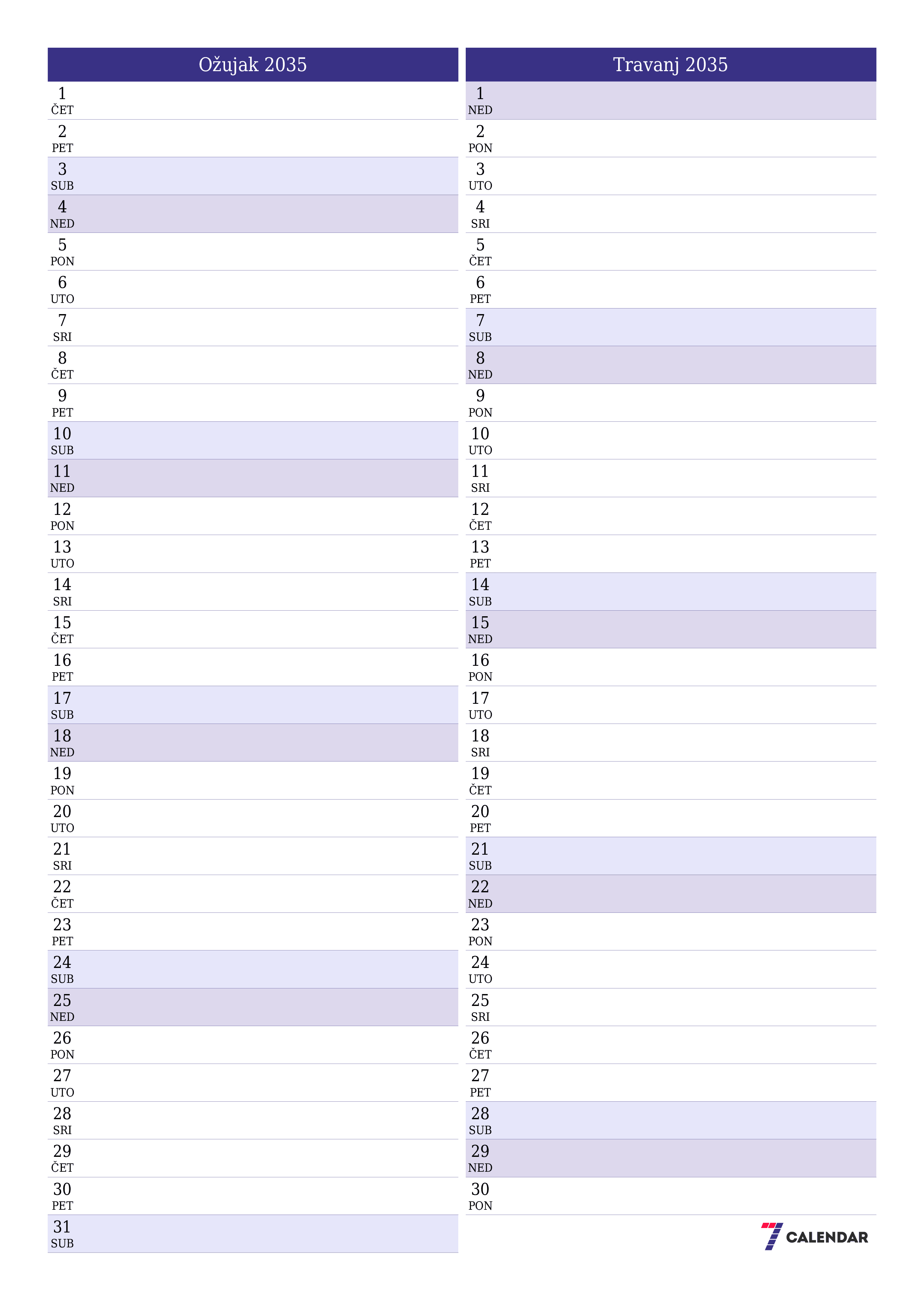  za ispis zidni predložak a besplatni okomito Mjesečni planer kalendar Ožujak (Ožu) 2035