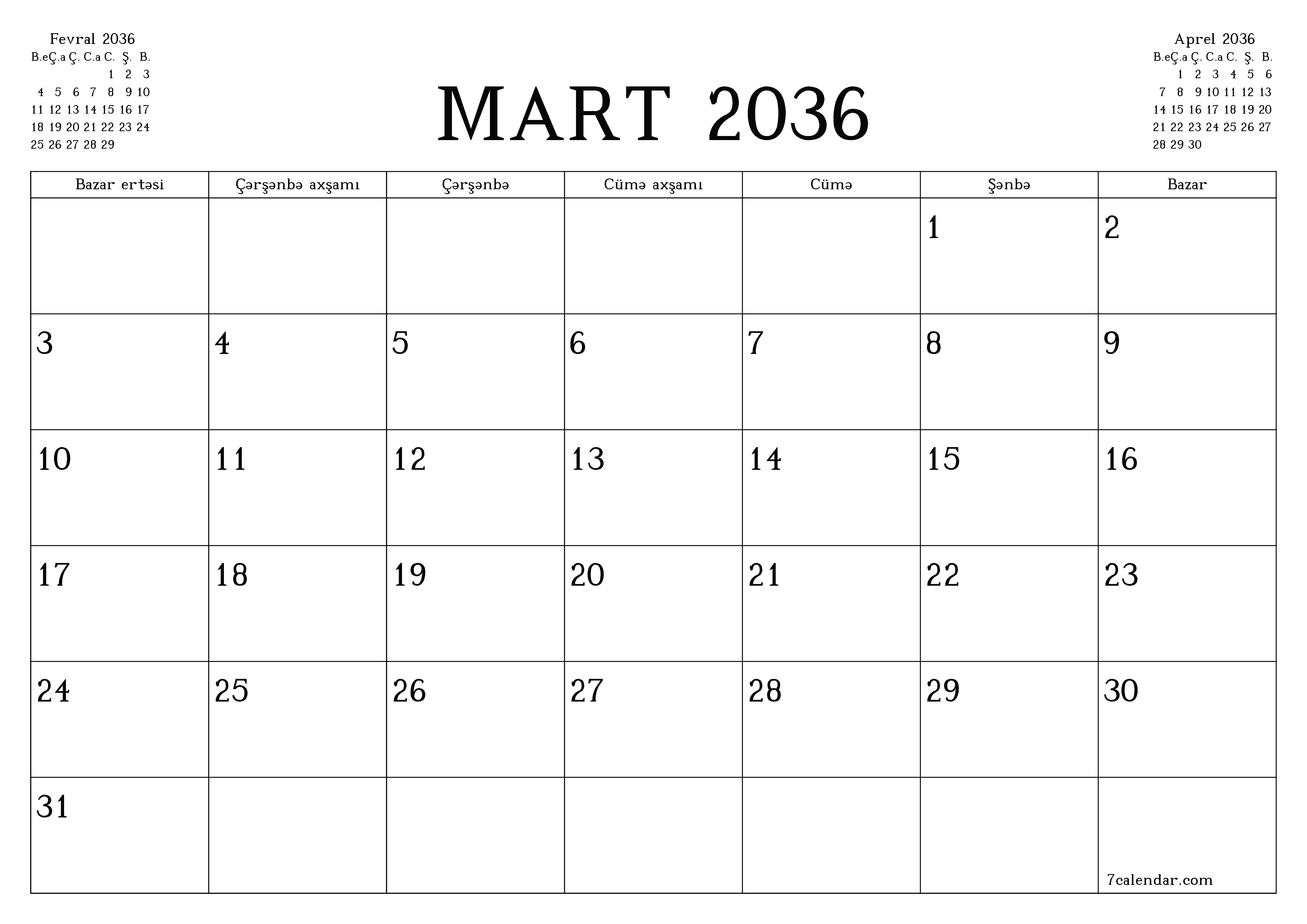 Mart 2036 ayı üçün qeydlər ilə boş aylıq planlayıcı, qeyd edin və PDF-ə yazdırın PNG Azerbaijani