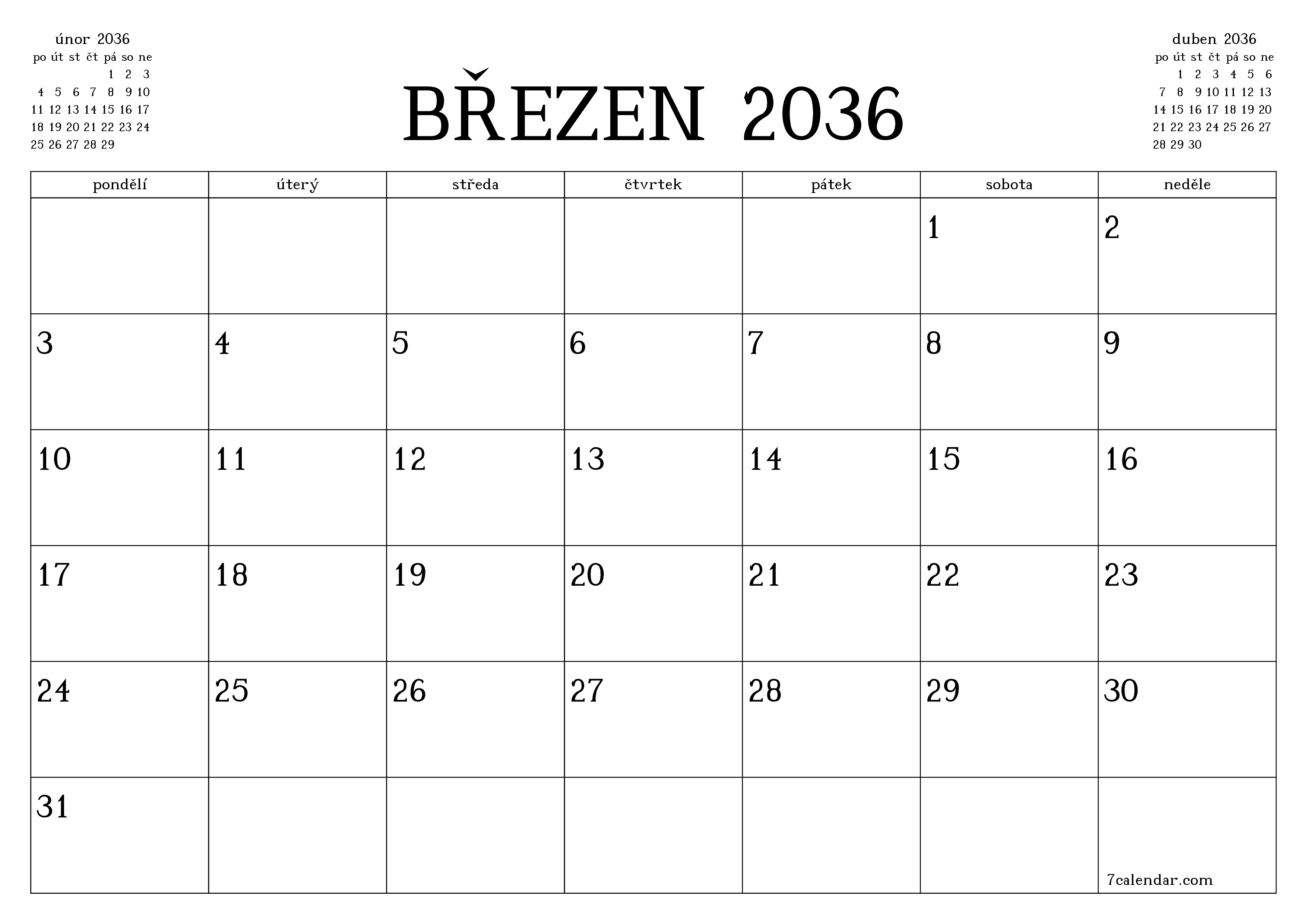 Vyprázdnit měsíční plánovač na měsíc březen 2036 s poznámkami, uložit a vytisknout do PDF PNG Czech