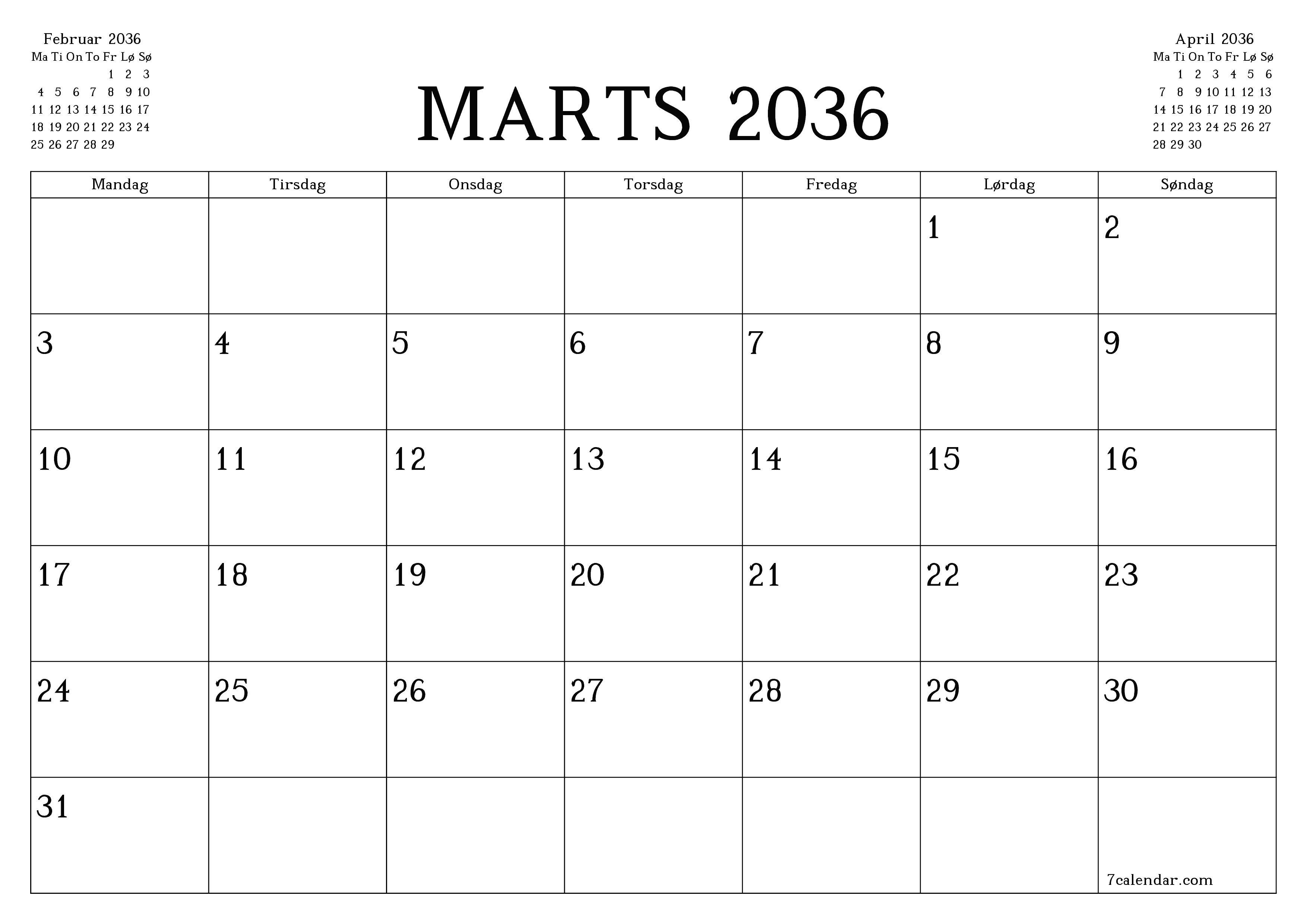 Tom månedlig planlægning for måned Marts 2036 med noter, gem og udskriv til PDF PNG Danish