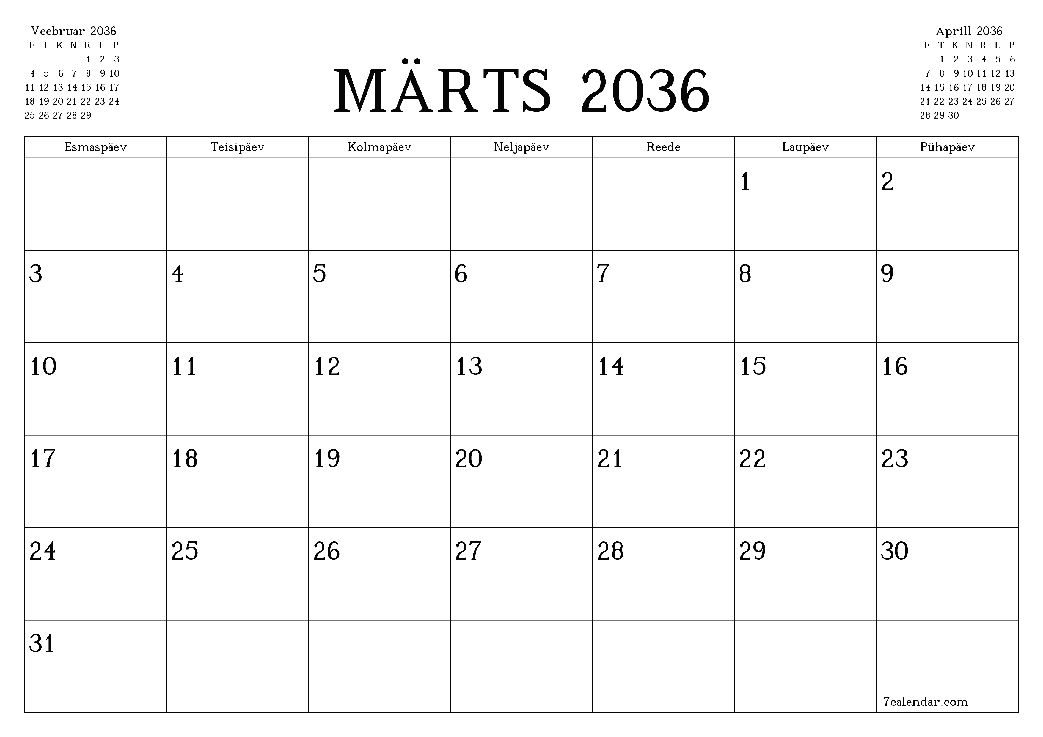 Tühjendage kuu Märts 2036 kuuplaneerija märkmetega, salvestage ja printige PDF-i PNG Estonian