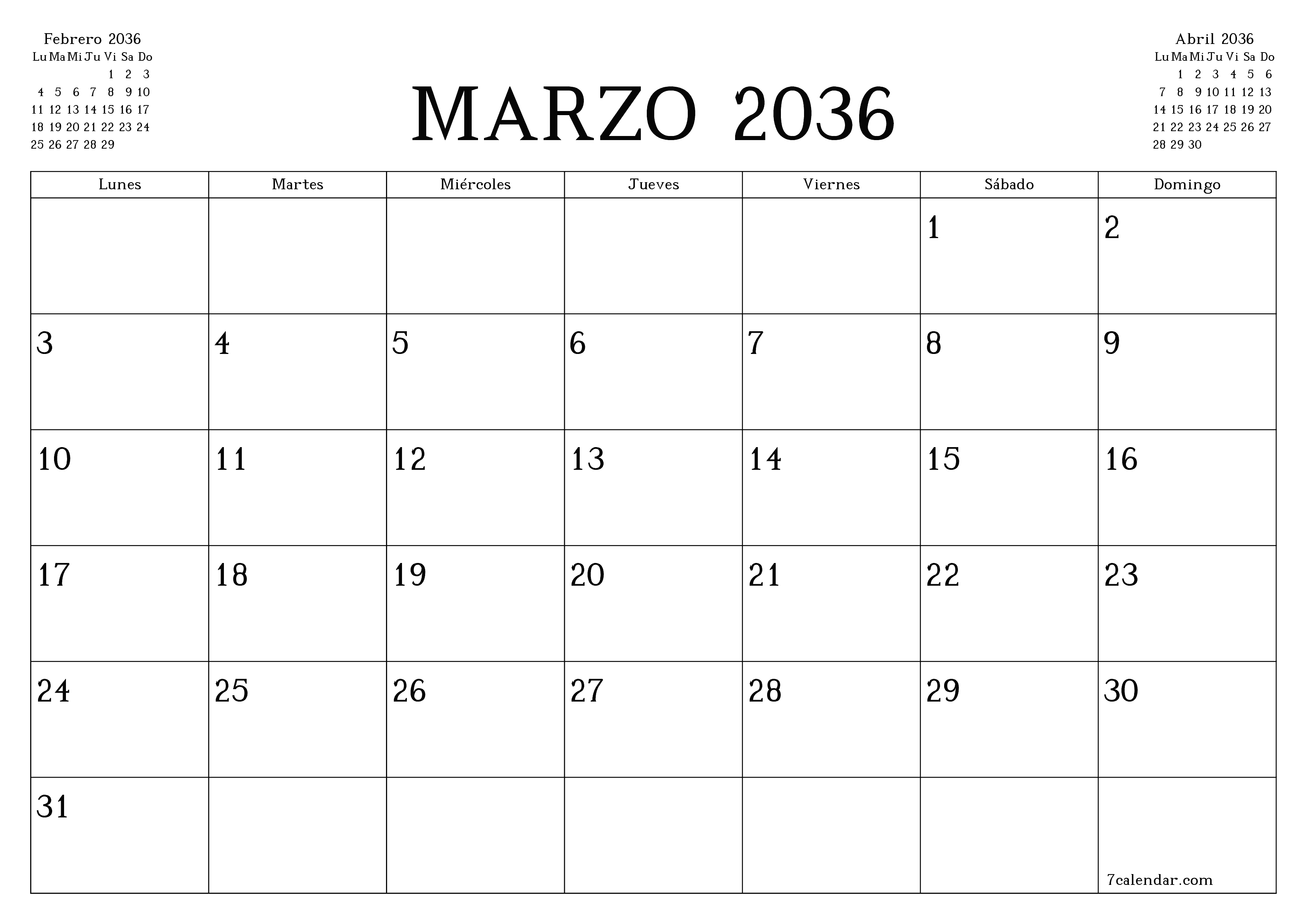 Planificador mensual vacío para el mes Marzo 2036 con notas, guardar e imprimir en PDF PNG Spanish