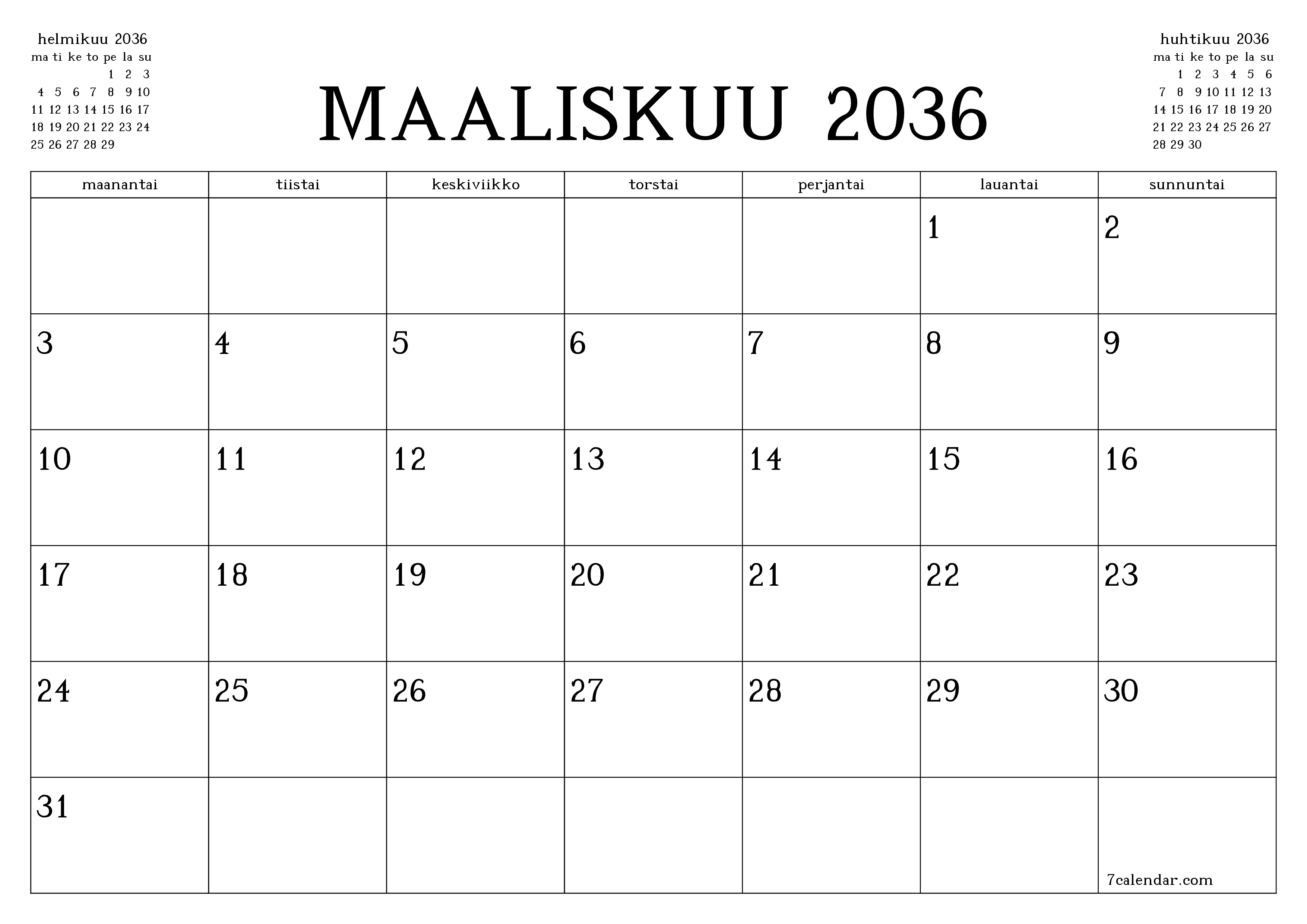 Tyhjennä kuukausittainen suunnittelija kuukaudelle Maaliskuu 2036 muistiinpanoilla, tallenna ja tulosta PDF-muotoon PNG Finnish