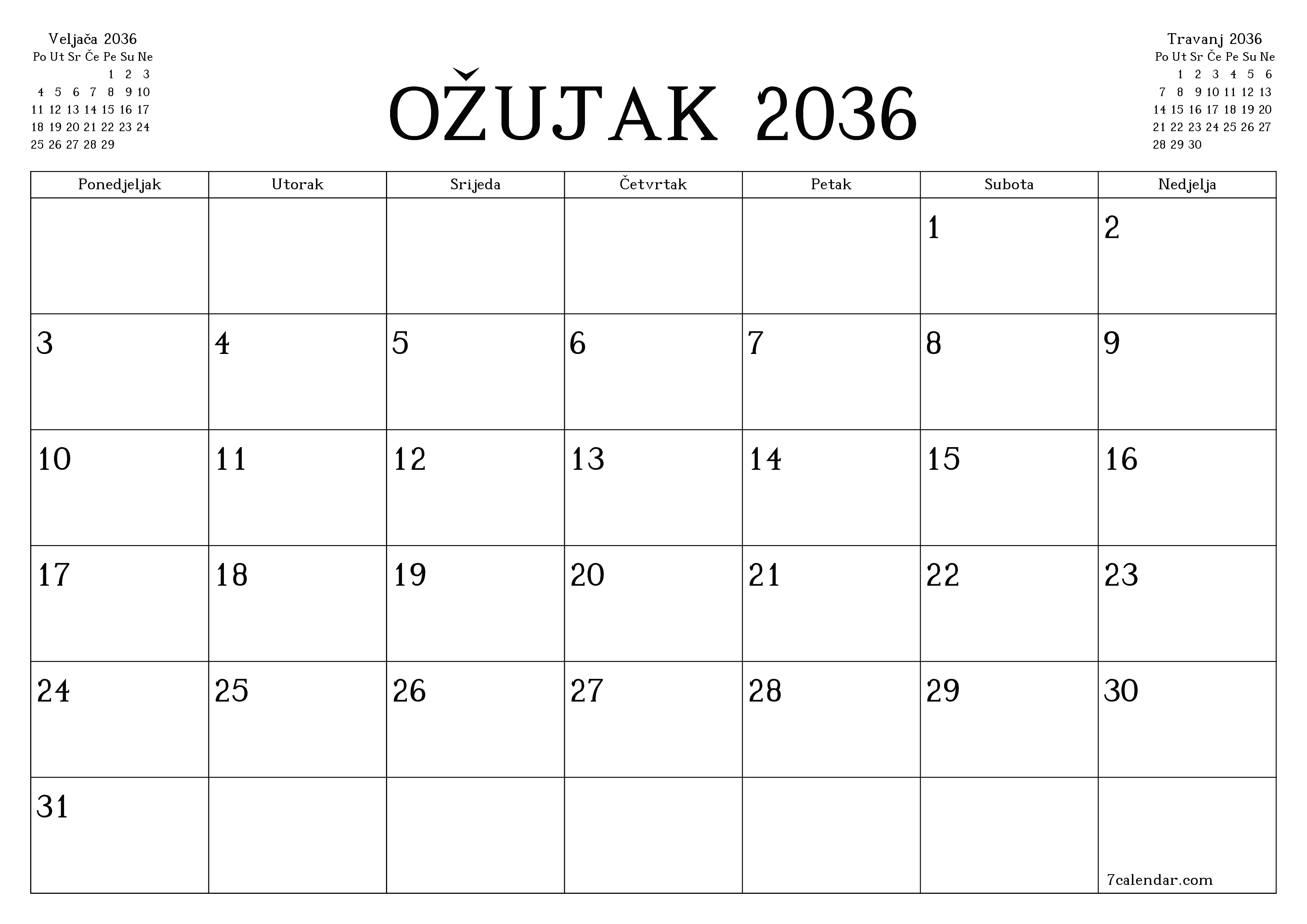 Ispraznite mjesečni planer za mjesec Ožujak 2036 s bilješkama, spremite i ispišite u PDF PNG Croatian