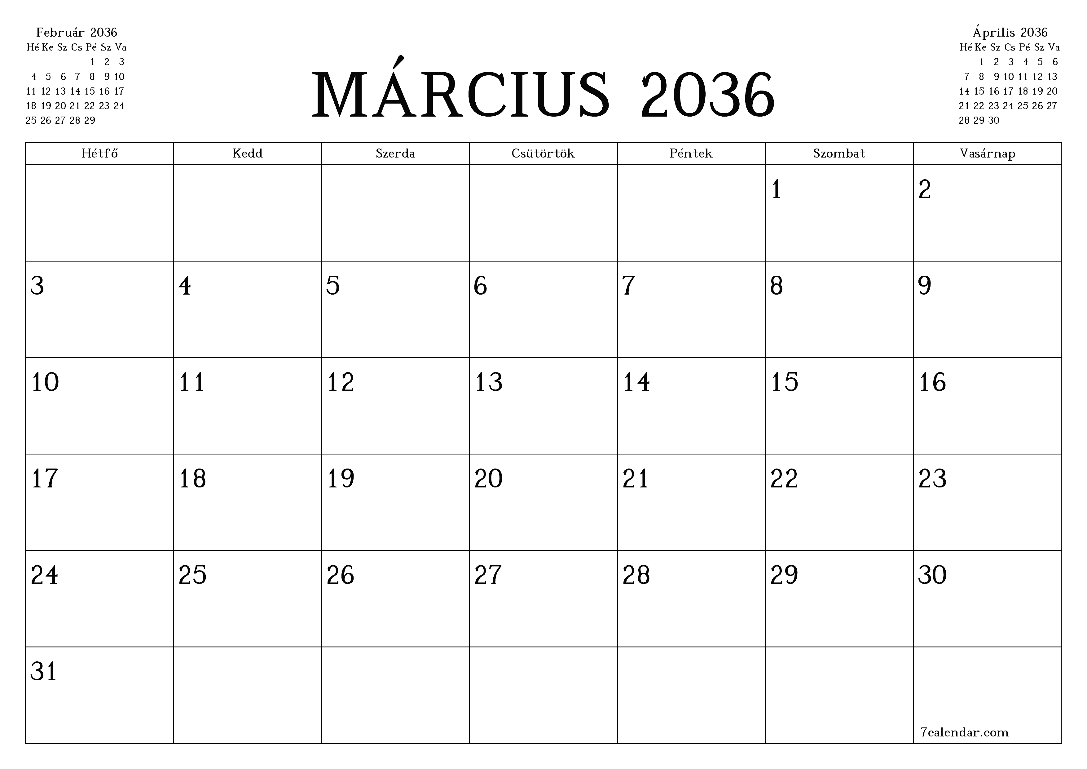 Üres havi tervező a Március 2036 hónapra jegyzetekkel, mentés és nyomtatás PDF-be PNG Hungarian