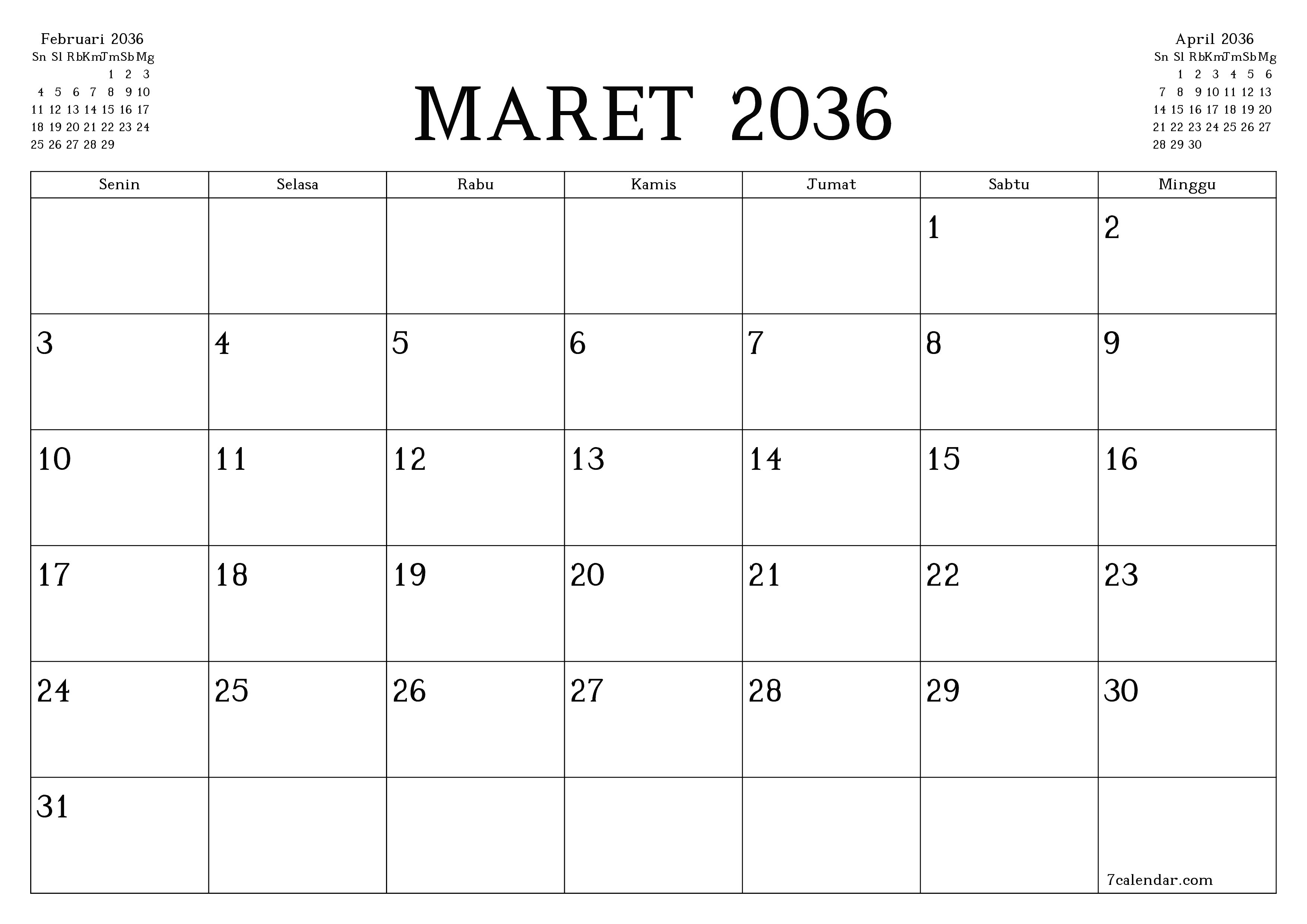 Kosongkan agenda bulanan untuk bulan Maret 2036 dengan catatan, simpan dan cetak ke PDF PNG Indonesian