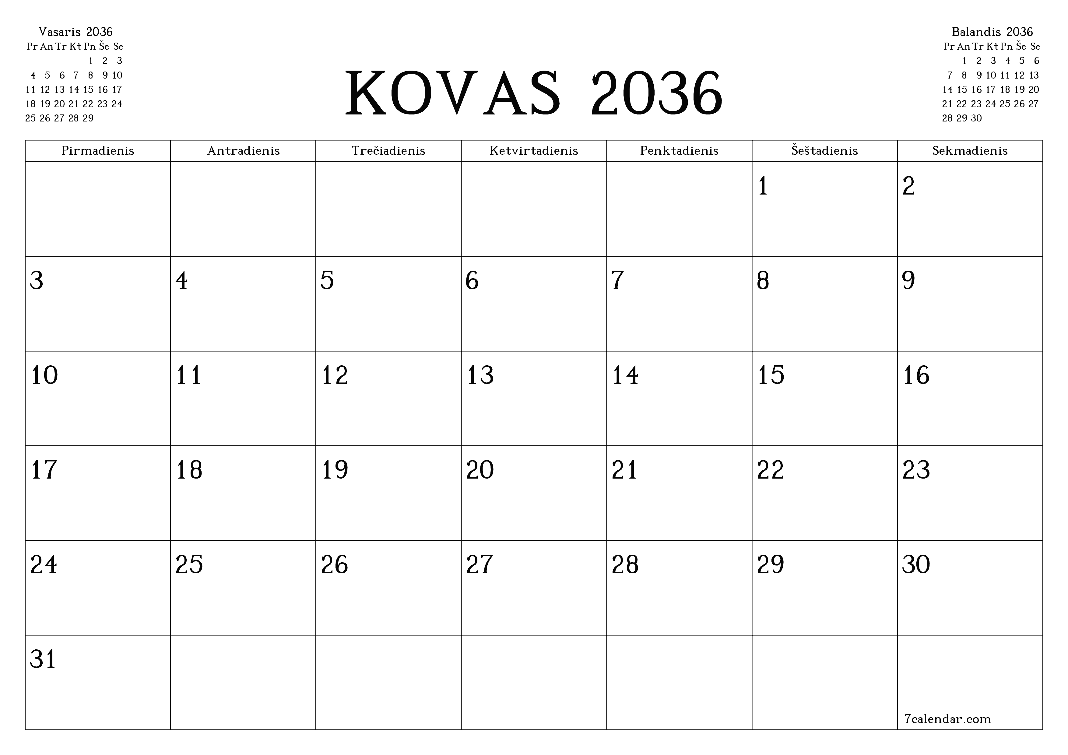 Ištuštinti mėnesio Kovas 2036 mėnesio planavimo priemonę su užrašais, išsaugoti ir atsispausdinti PDF formate PNG Lithuanian