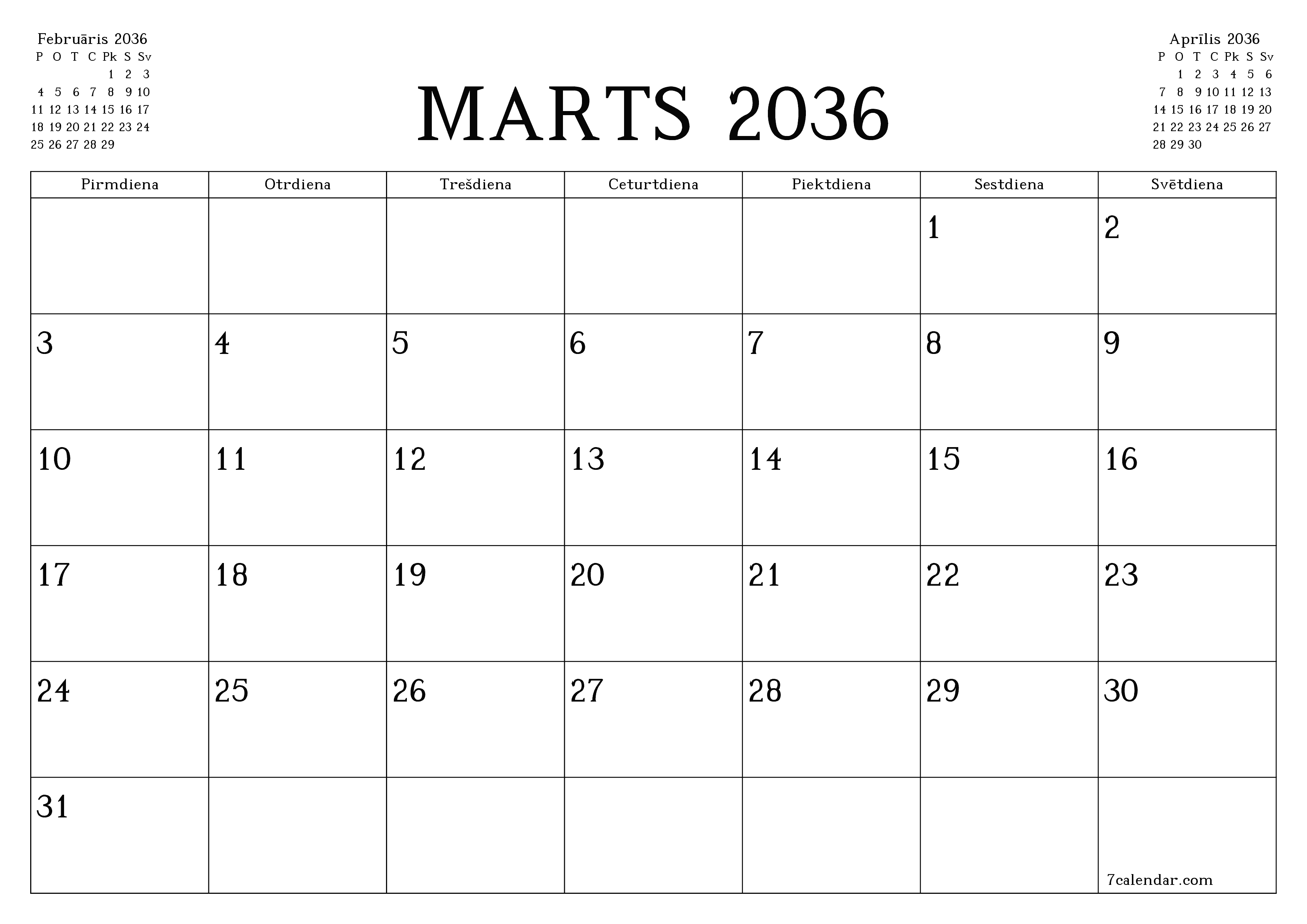 Iztukšot mēneša plānotāju mēnesim Marts 2036 ar piezīmēm, saglabāt un izdrukāt PDF formātā PNG Latvian