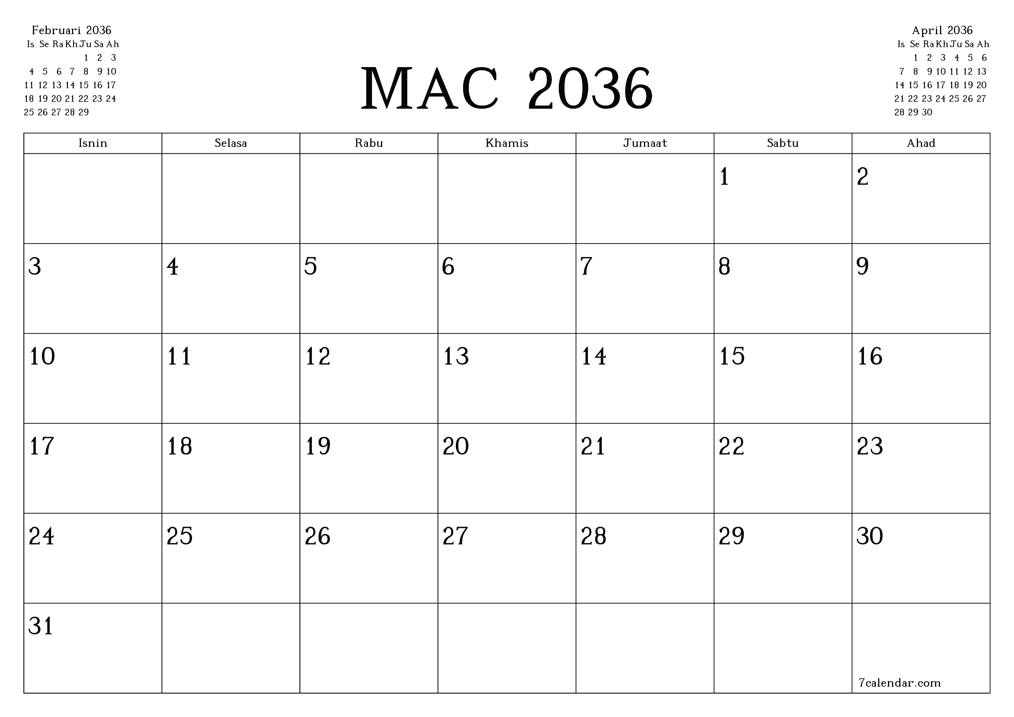 Perancang bulanan kosong untuk bulan Mac 2036 dengan nota, simpan dan cetak ke PDF PNG Malay