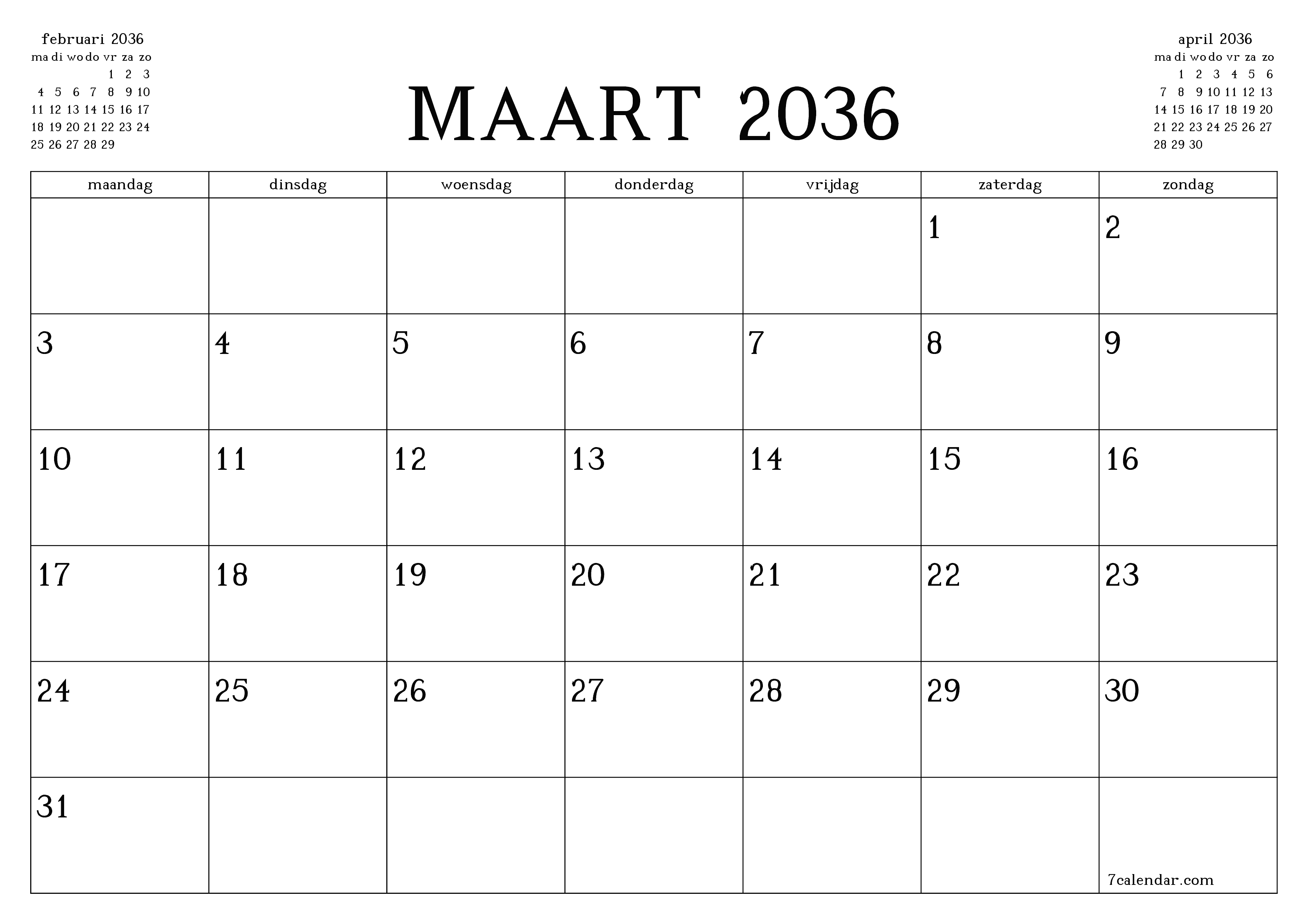 Lege maandplanner voor maand maart 2036 met notities, opslaan en afdrukken naar pdf PNG Dutch