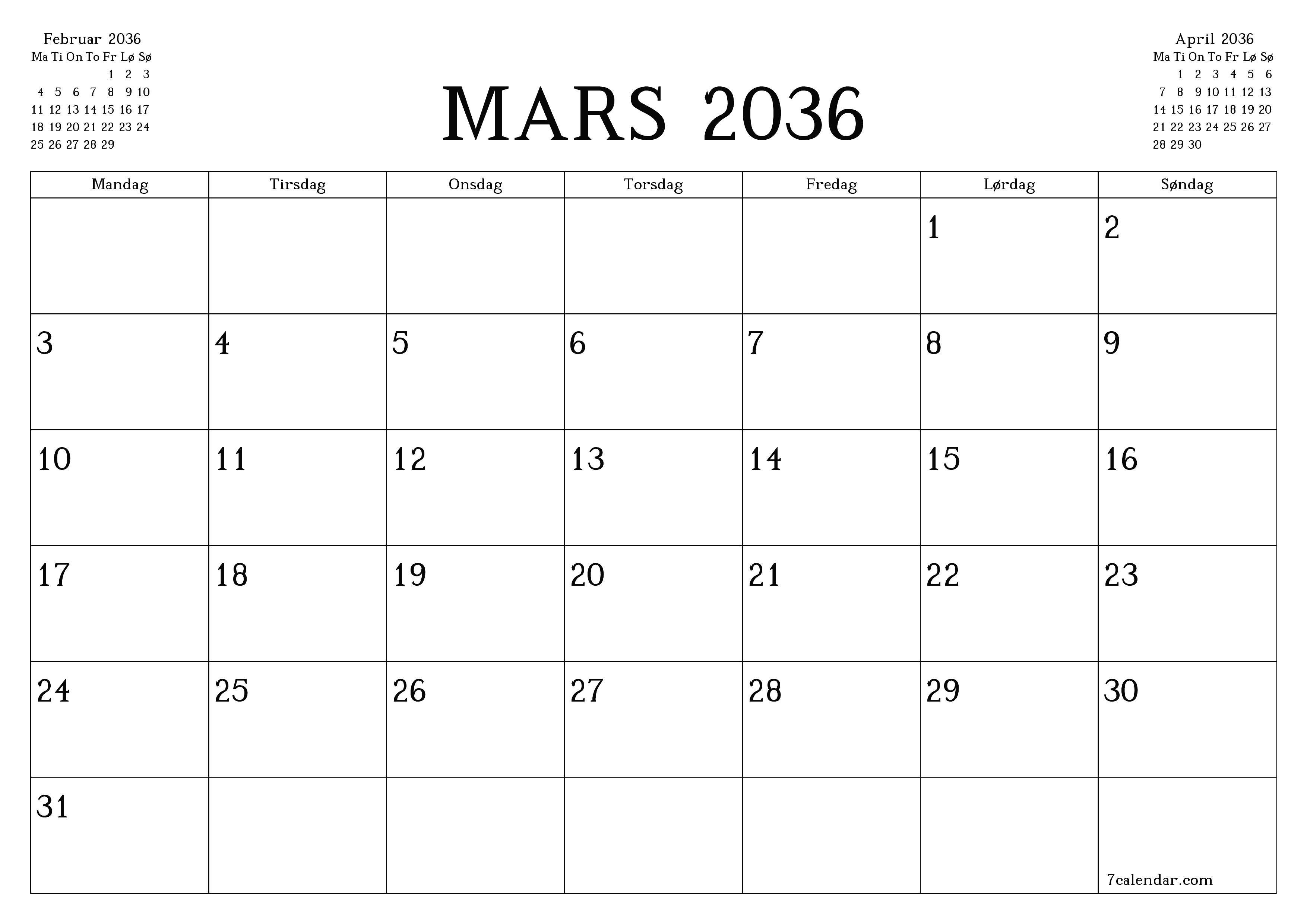 Tom månedlig planlegger for måned Mars 2036 med notater, lagre og skriv ut til PDF PNG Norwegian