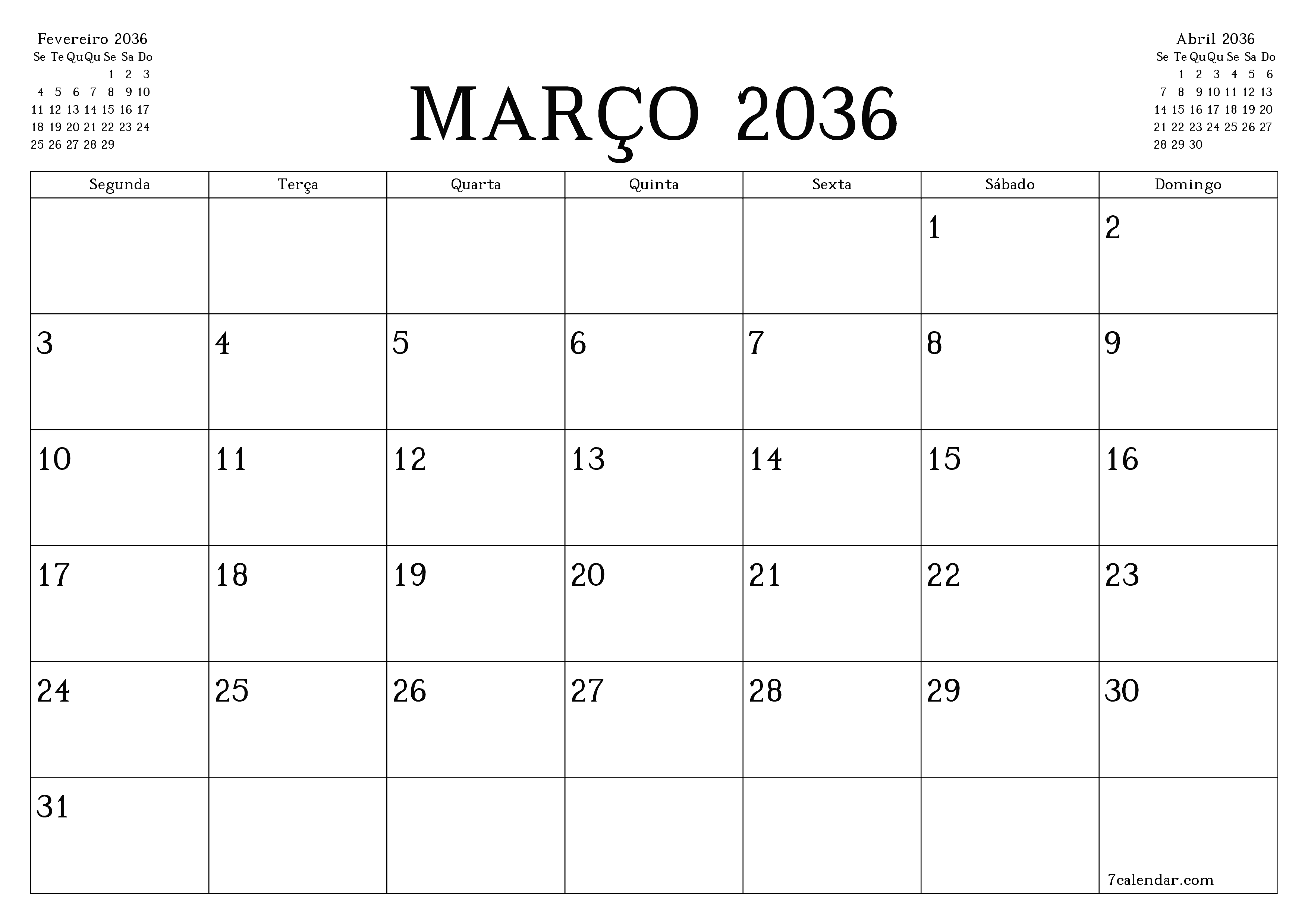 Esvazie o planejador mensal para o mês Março 2036 com notas, salve e imprima em PDF PNG Portuguese