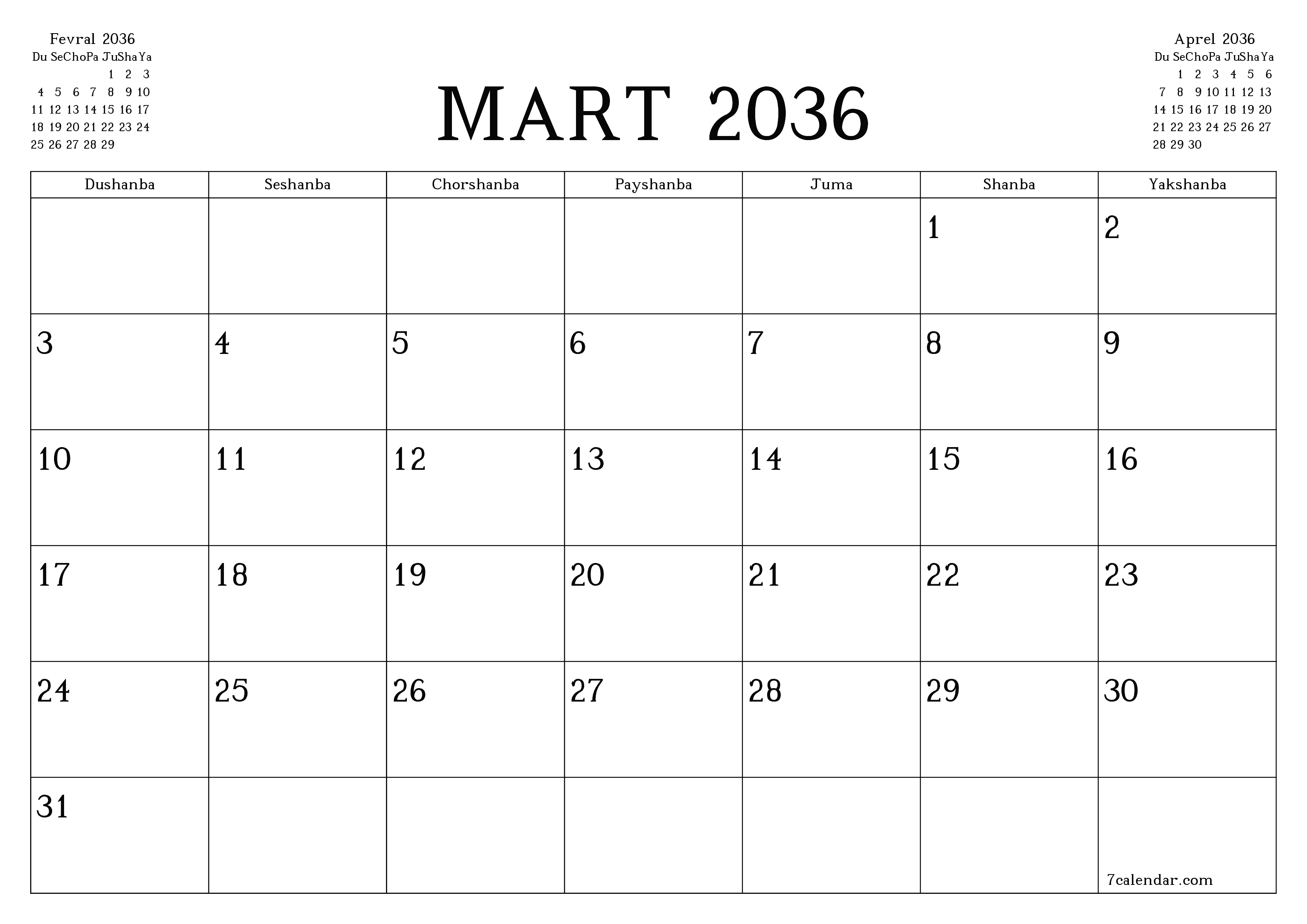 Mart 2036 oylik oylik rejalashtiruvchini yozuvlar bilan bo'shatish, saqlash va PDF-ga chop etish PNG Uzbek