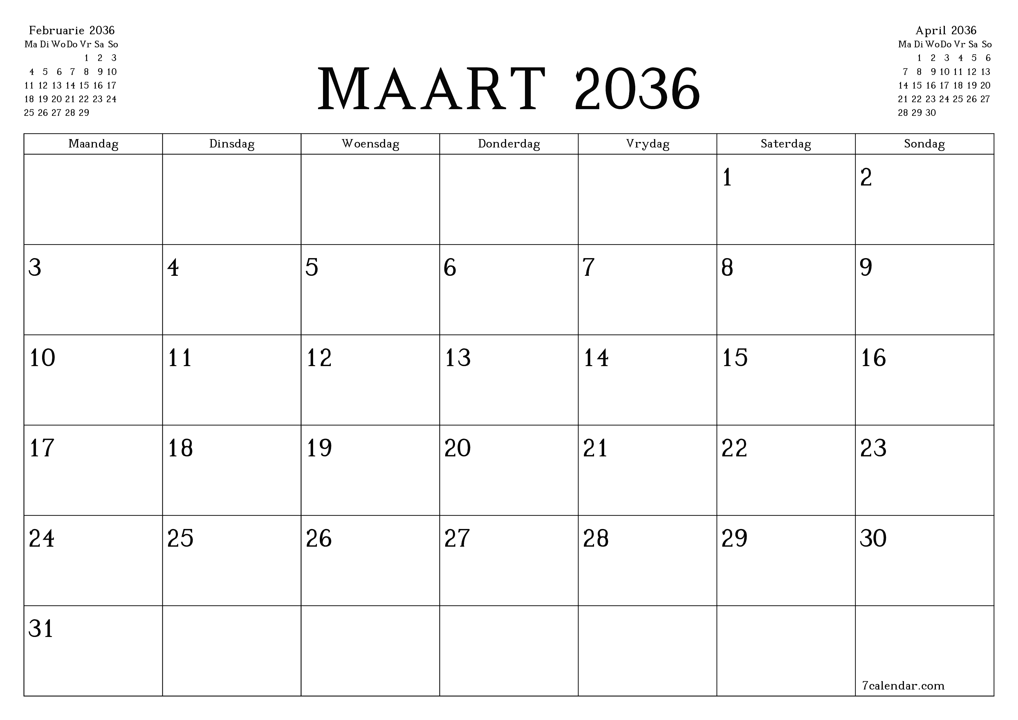 Leë maandelikse drukbare kalender en beplanner vir maand Maart 2036 met notas stoor en druk na PDF PNG Afrikaans