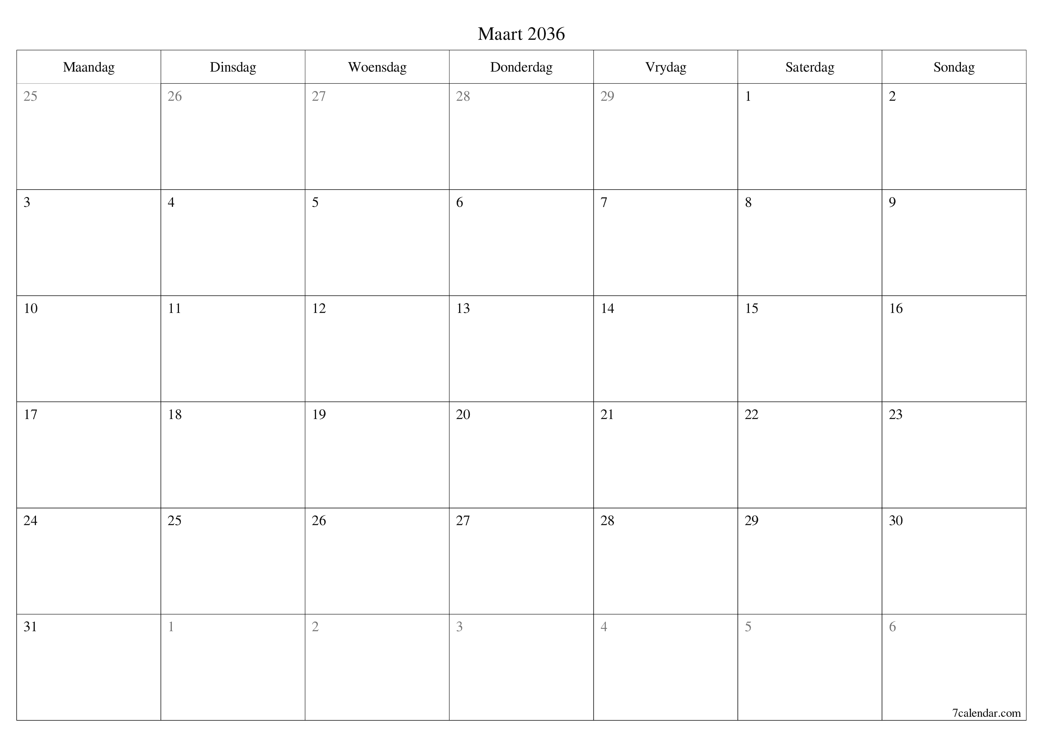 Leë maandelikse drukbare kalender en beplanner vir maand Maart 2036 met notas stoor en druk na PDF PNG Afrikaans