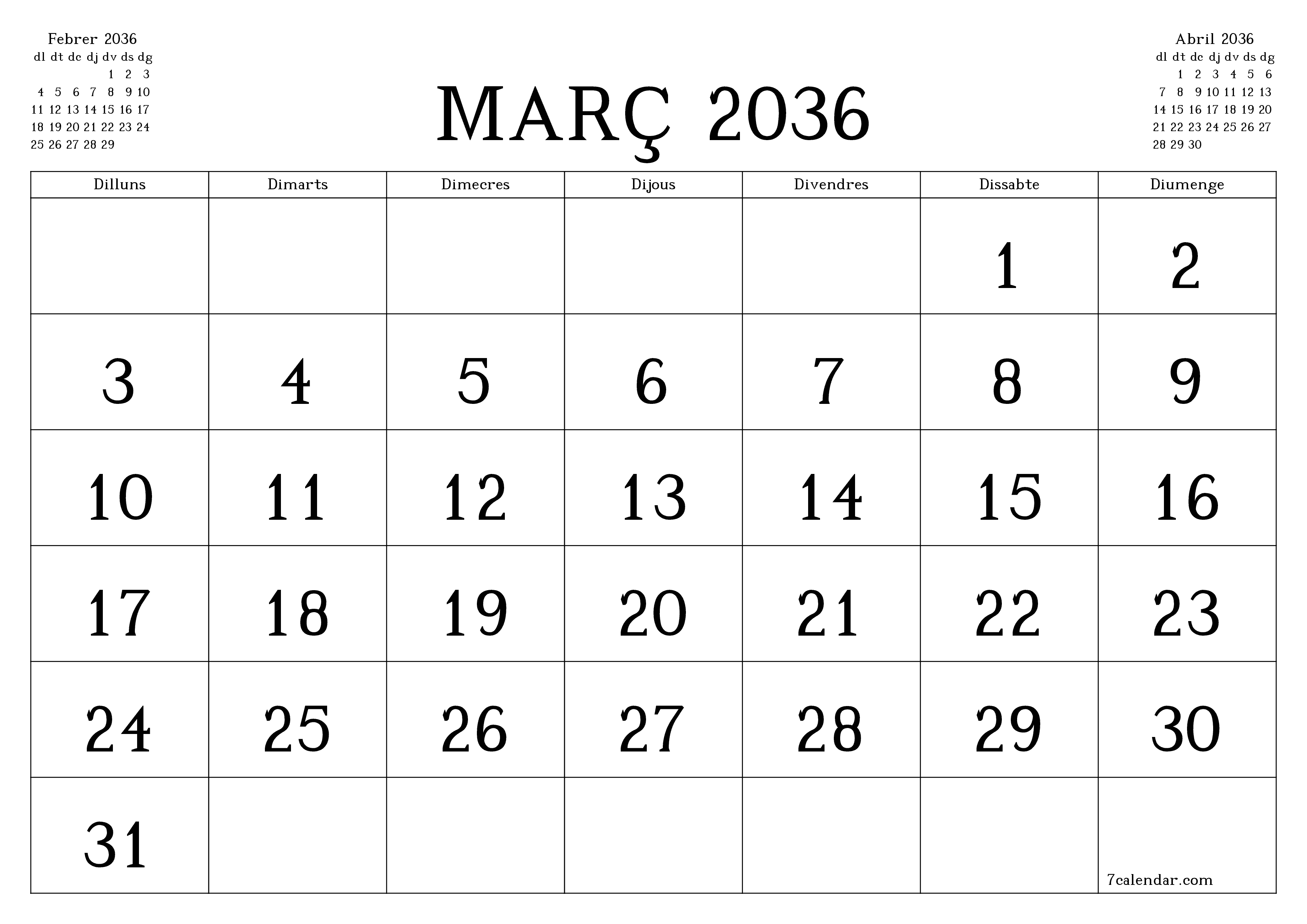 Planificador mensual buit del mes Març 2036 amb notes, deseu-lo i imprimiu-lo en format PDF PNG Catalan