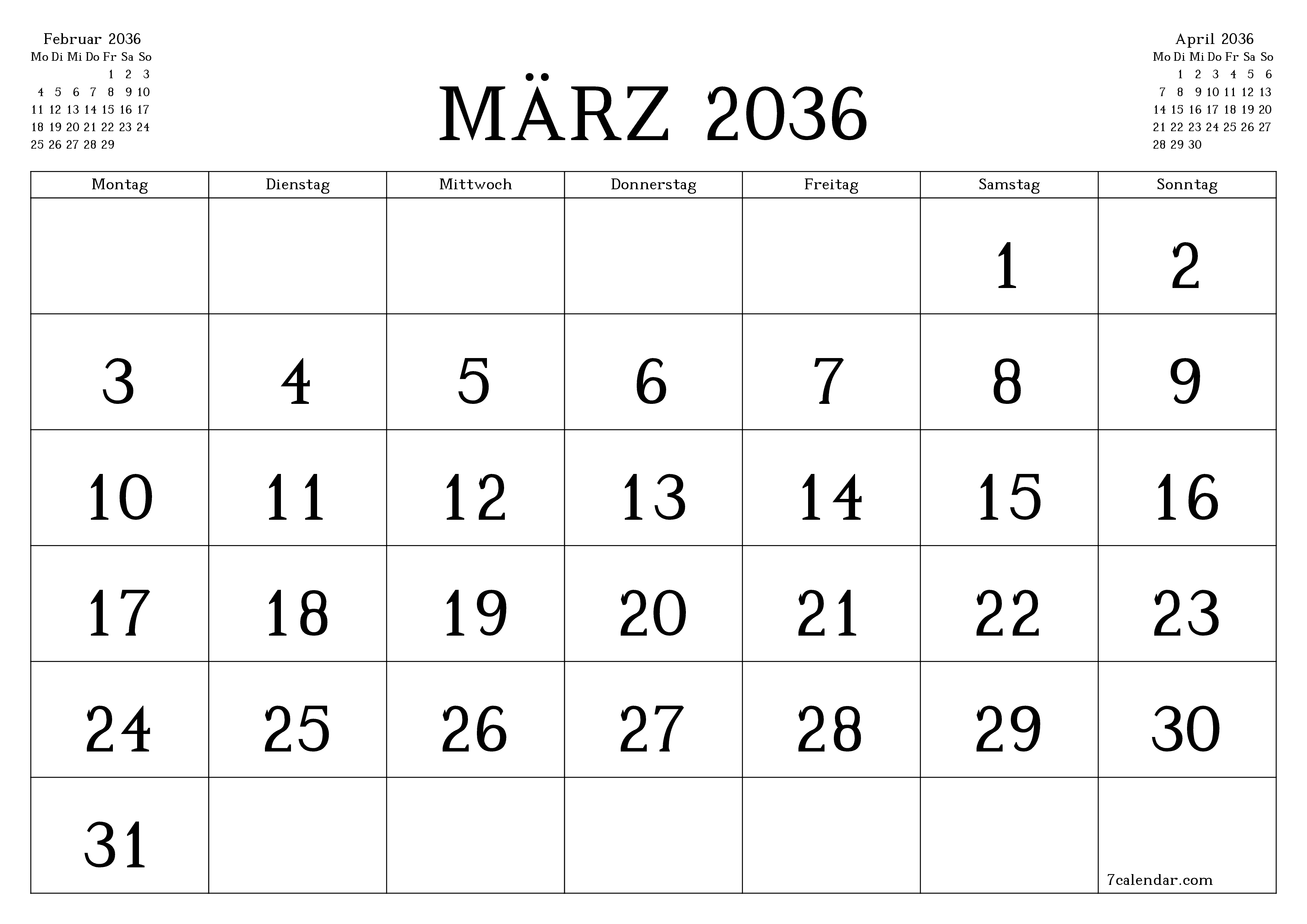 Monatsplaner für Monat März 2036 mit Notizen leeren, speichern und als PDF PNG German - 7calendar.com drucken