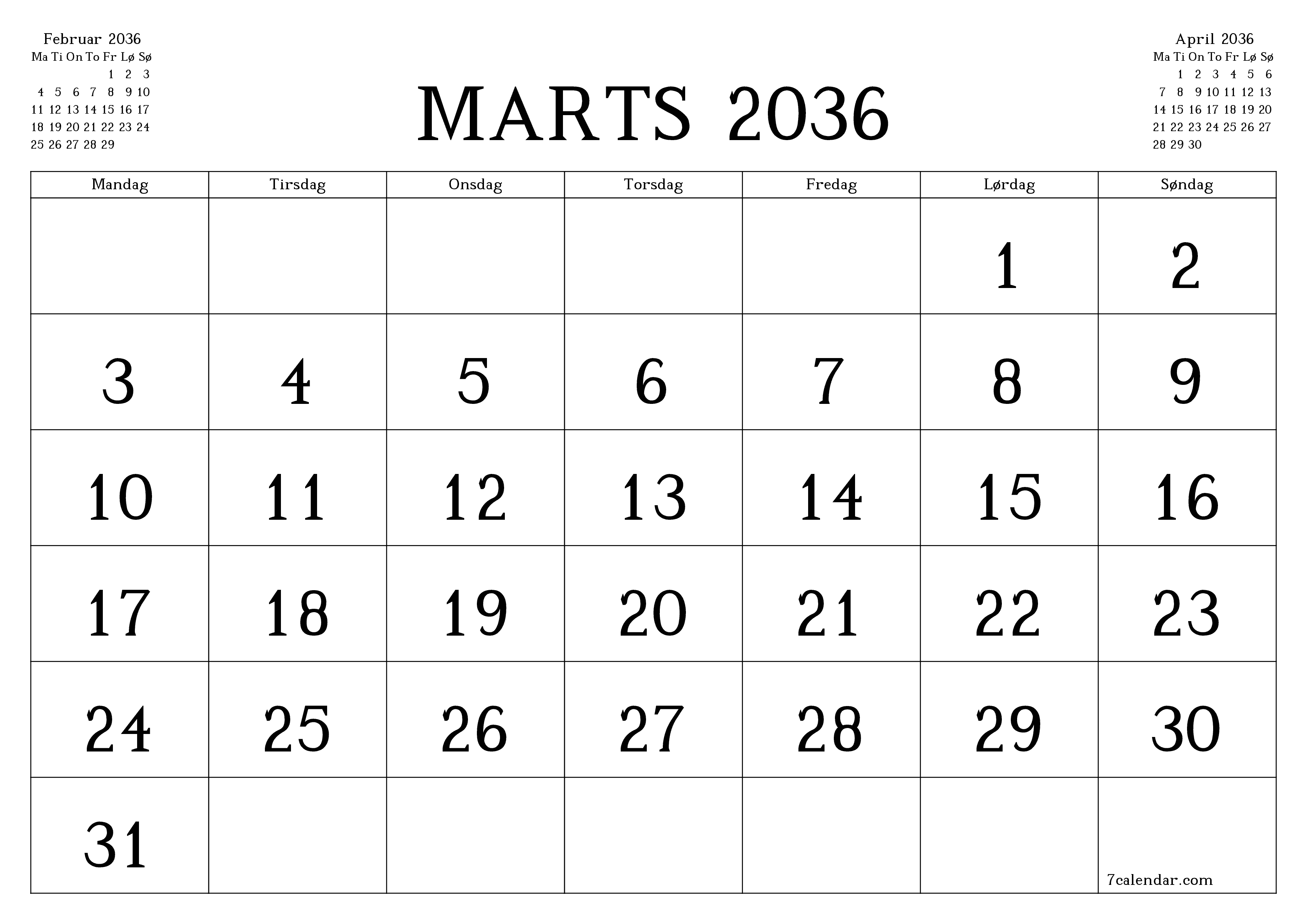 Tom månedlig planlægning for måned Marts 2036 med noter, gem og udskriv til PDF PNG Danish